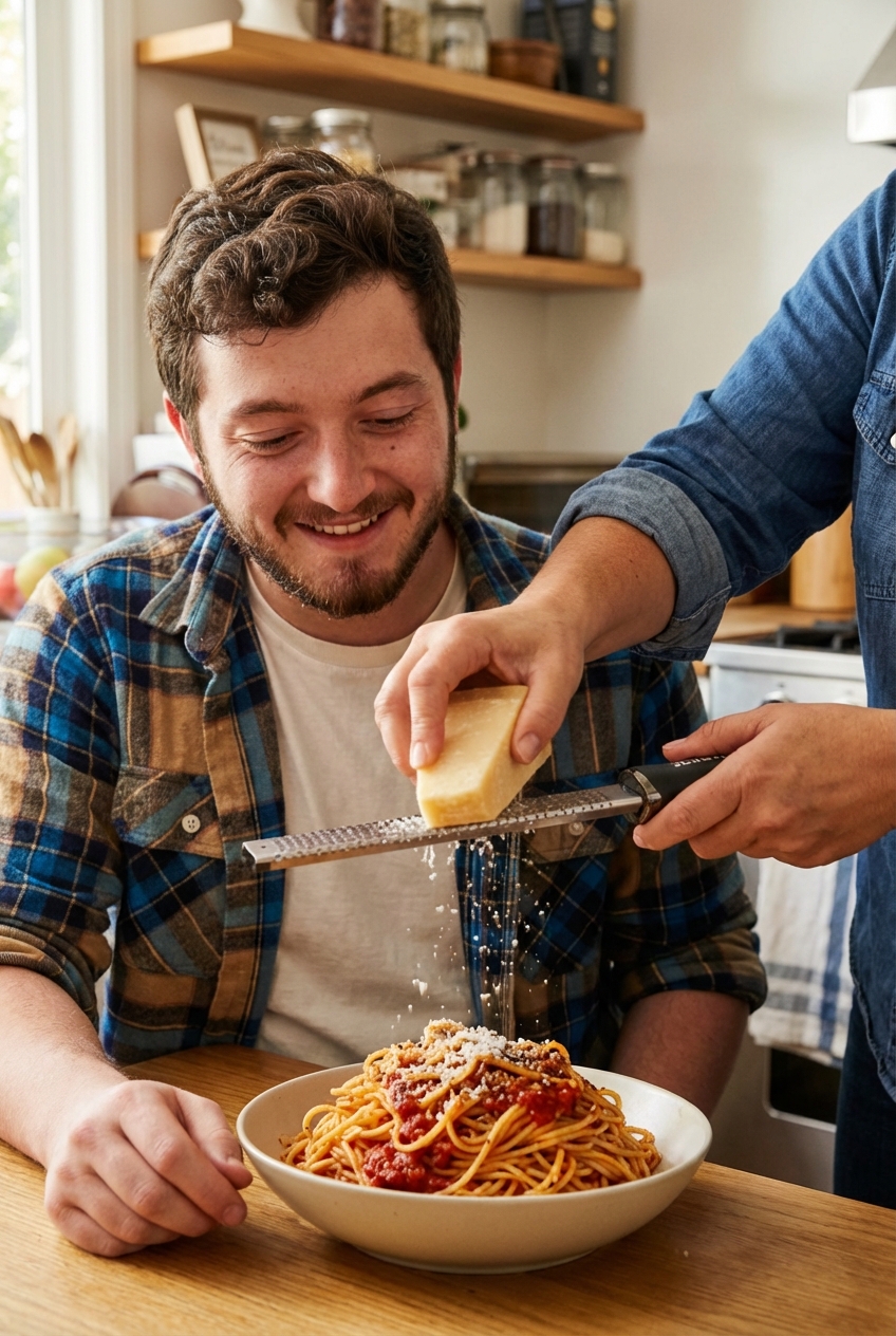 A serving of pasta being topped with grated Parmesan and cracked black pepper