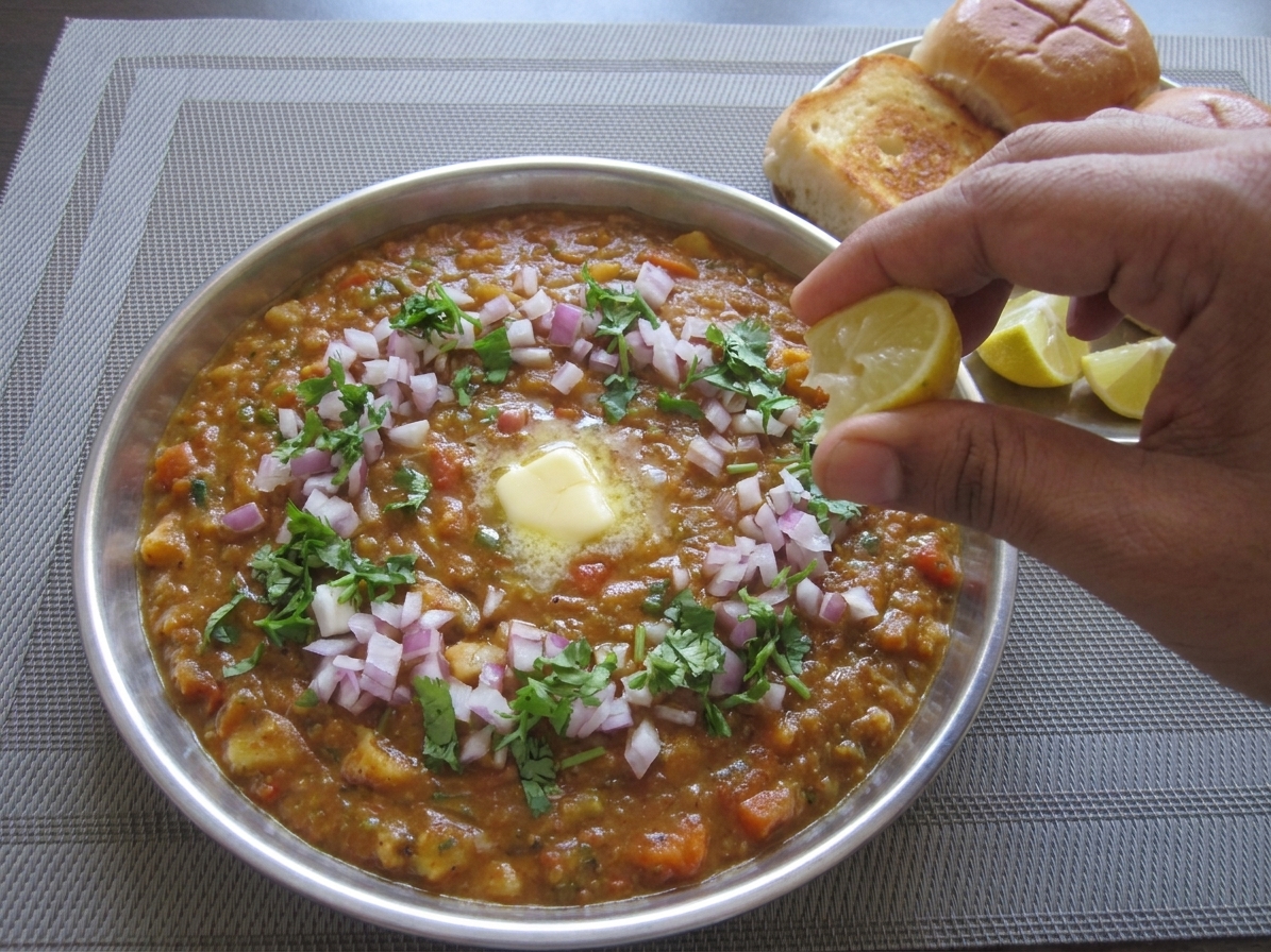 A serving of pav bhaji in a shallow bowl topped with diced red onion, chopped cilantro, and a melting pat of butter, with lemon wedges and toasted rolls on the side