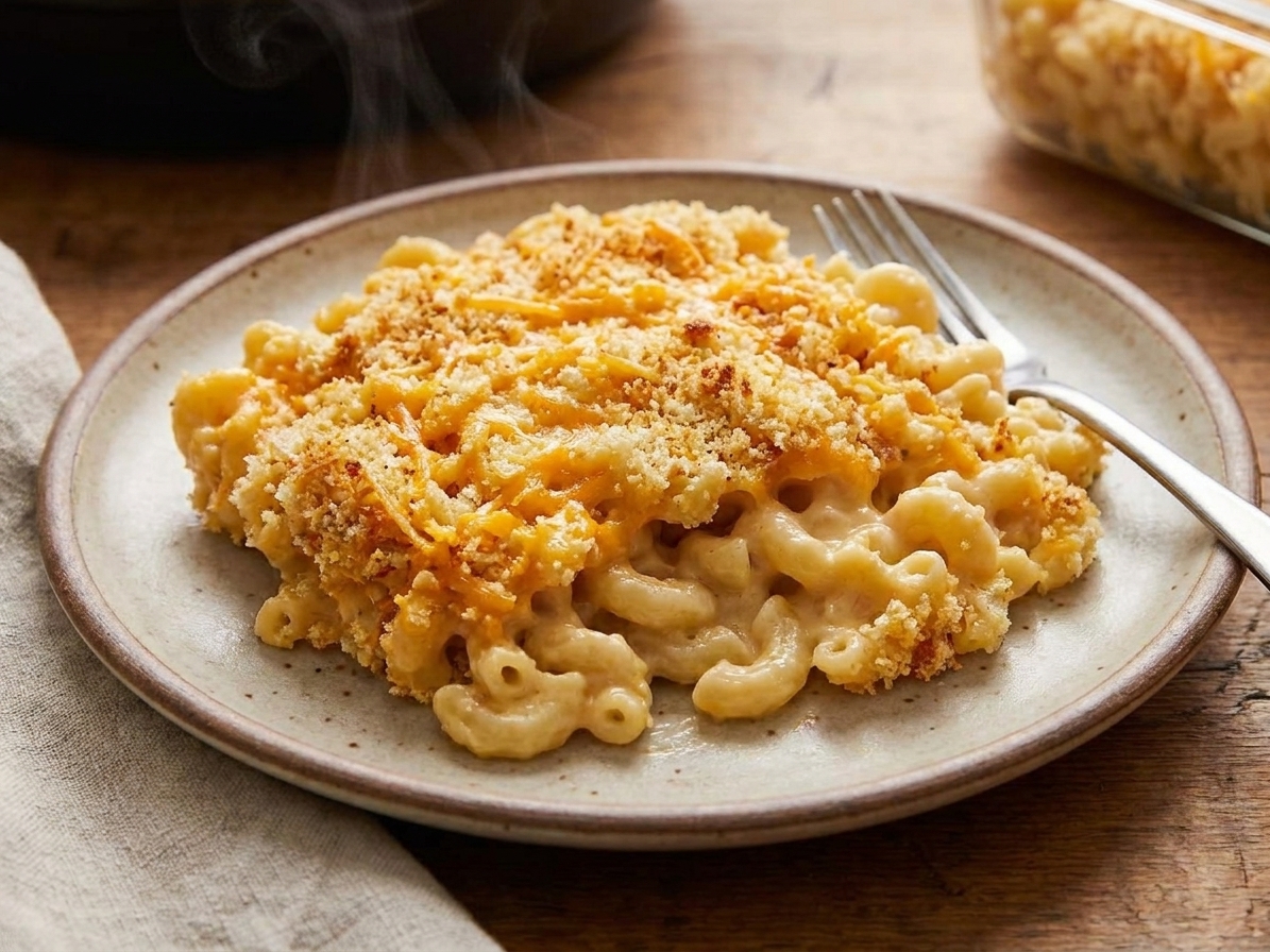 A serving of smoked mac and cheese on a ceramic plate with a golden breadcrumb crust and creamy interior