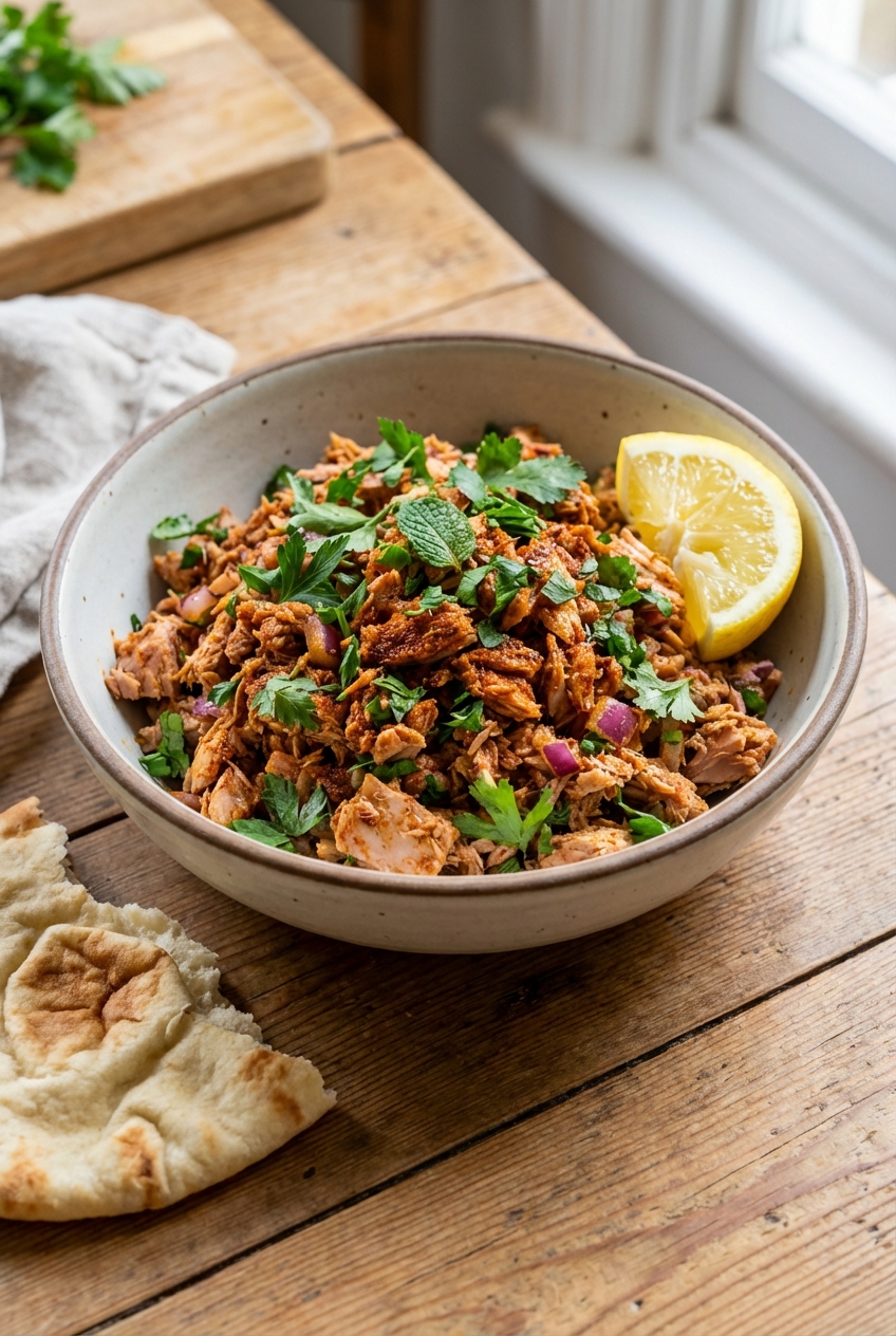 A serving of spiced tuna in a bowl topped with chopped herbs and a lemon wedge, with flatbread nearby
