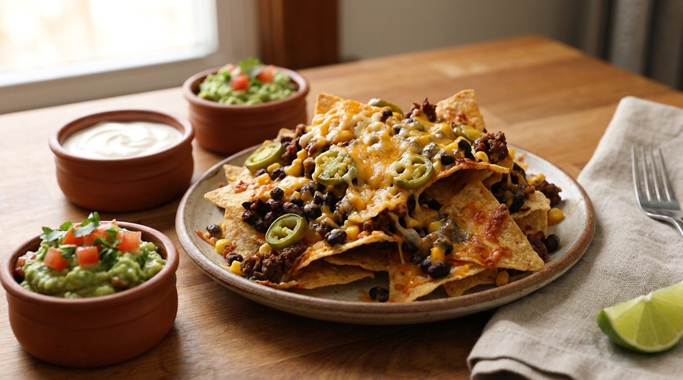 A serving of stacked nachos on a plate with melted cheese and jalapeños, with small bowls of sour cream and guacamole on a simple table setting in a cozy kitchen