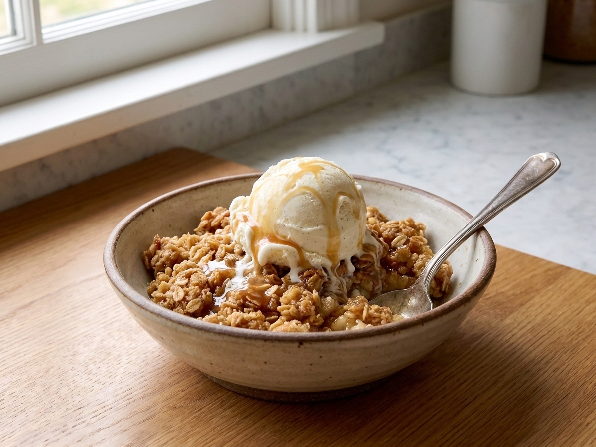 A serving of warm apple crumble with oats in a bowl topped with a scoop of vanilla ice cream on a wooden table