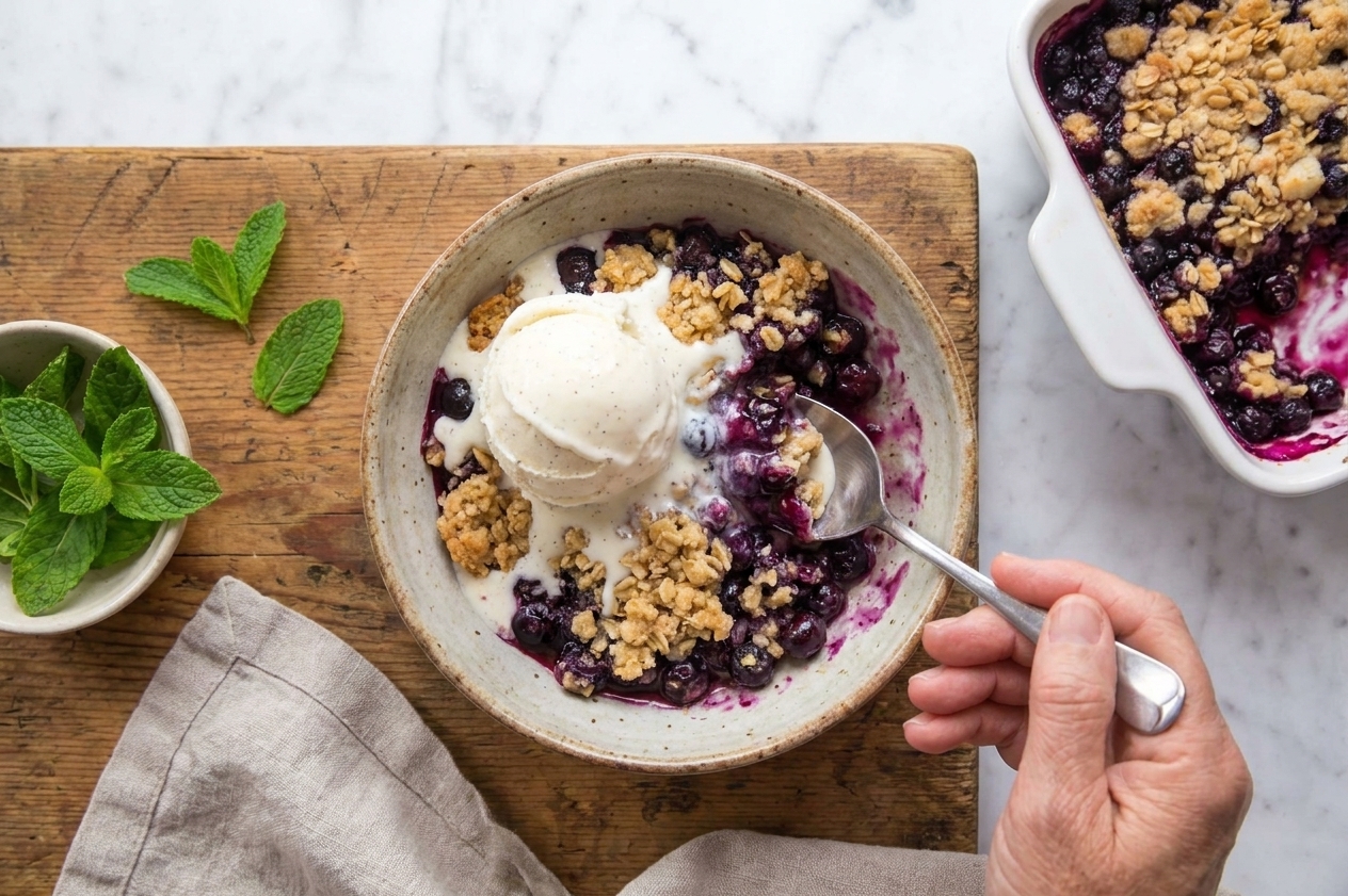 A serving of warm blueberry crumble in a bowl with a scoop of vanilla ice cream melting on top on a wooden table setting