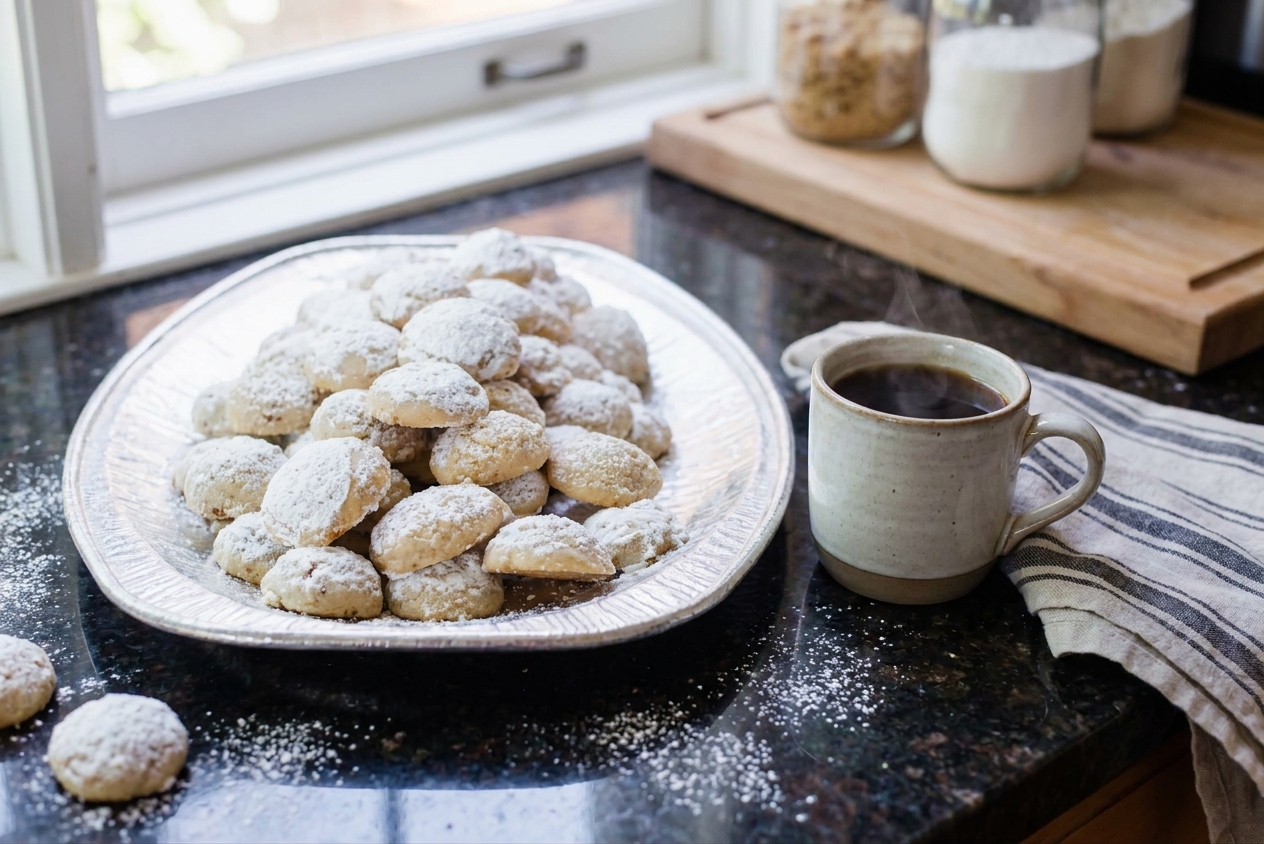 A serving plate of Italian wedding cookies dusted generously with powdered sugar beside a mug of coffee on a cozy kitchen table