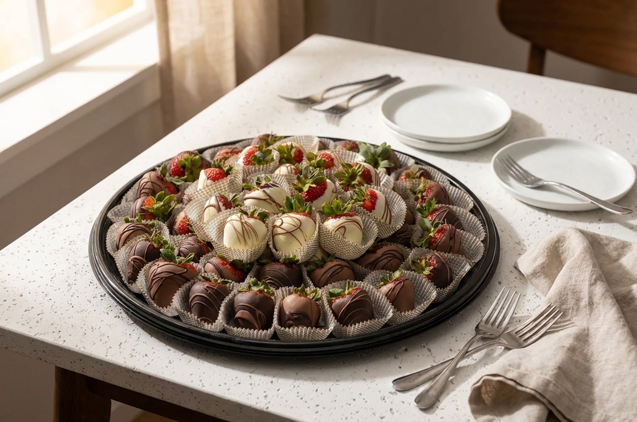 A serving plate of chocolate dipped strawberries on a dining table with dessert plates and forks in warm natural light