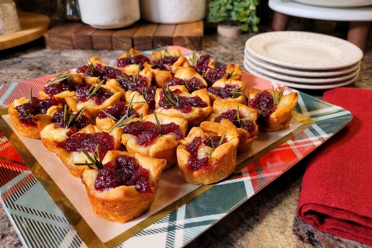 A serving plate of cranberry brie bites on a holiday table with small plates and a linen napkin, warm ambient lighting
