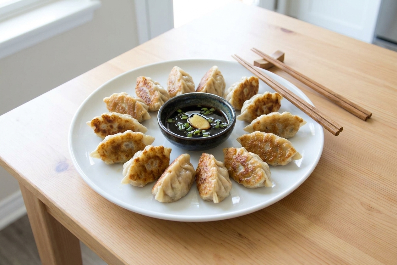 A serving plate of crisp-bottom dumplings arranged in a circle with a small bowl of soy vinegar dipping sauce in the center on a dining table