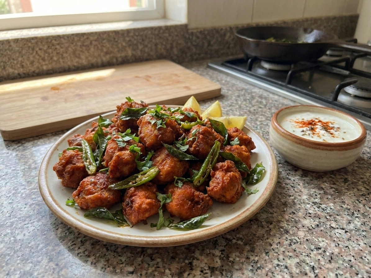 A serving plate of crispy Chicken 65 garnished with cilantro and curry leaves, with a small bowl of yogurt dip and lemon wedges on the table