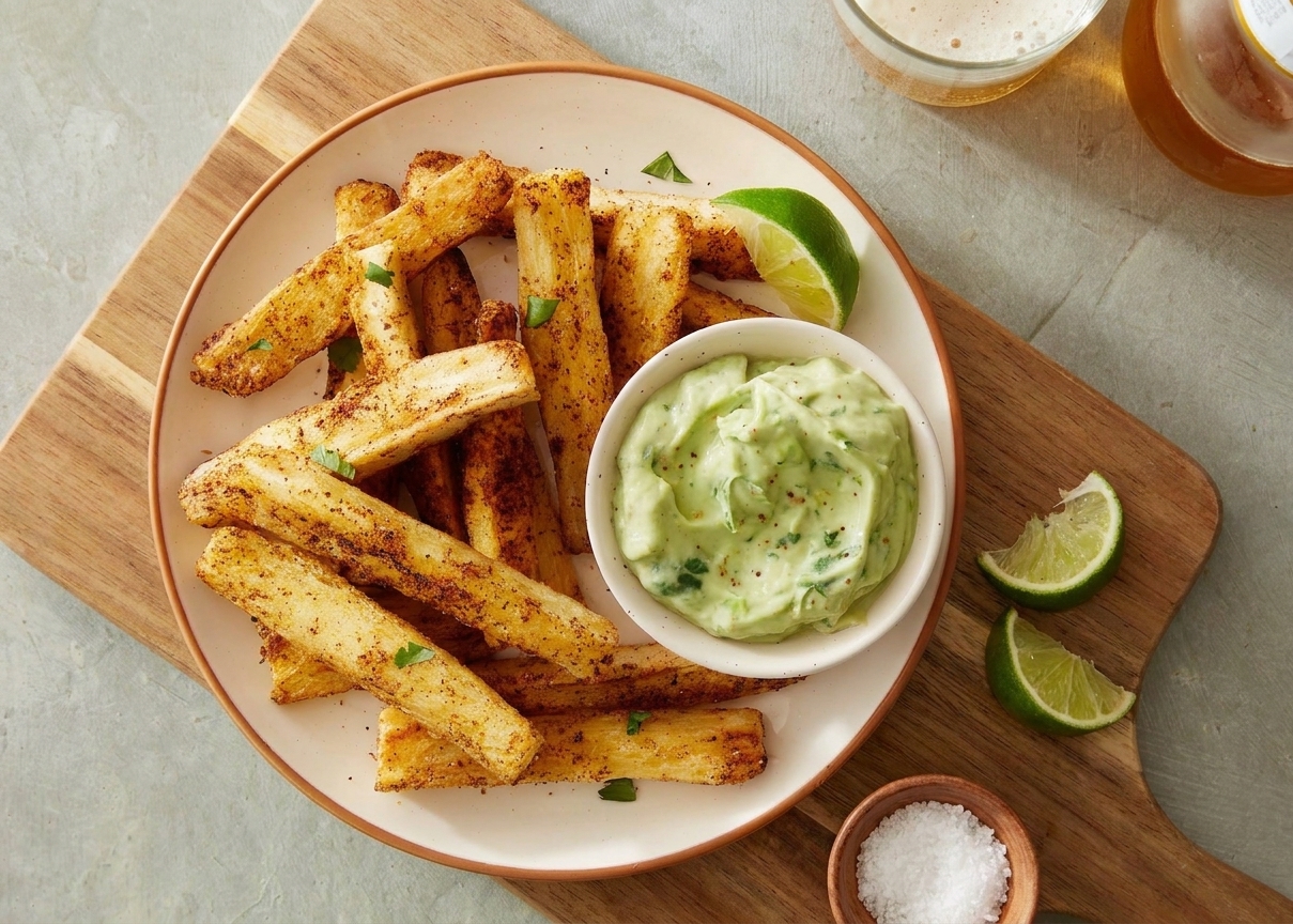 A serving plate of crispy cassava fries with a bowl of garlic lime aioli on a wooden table