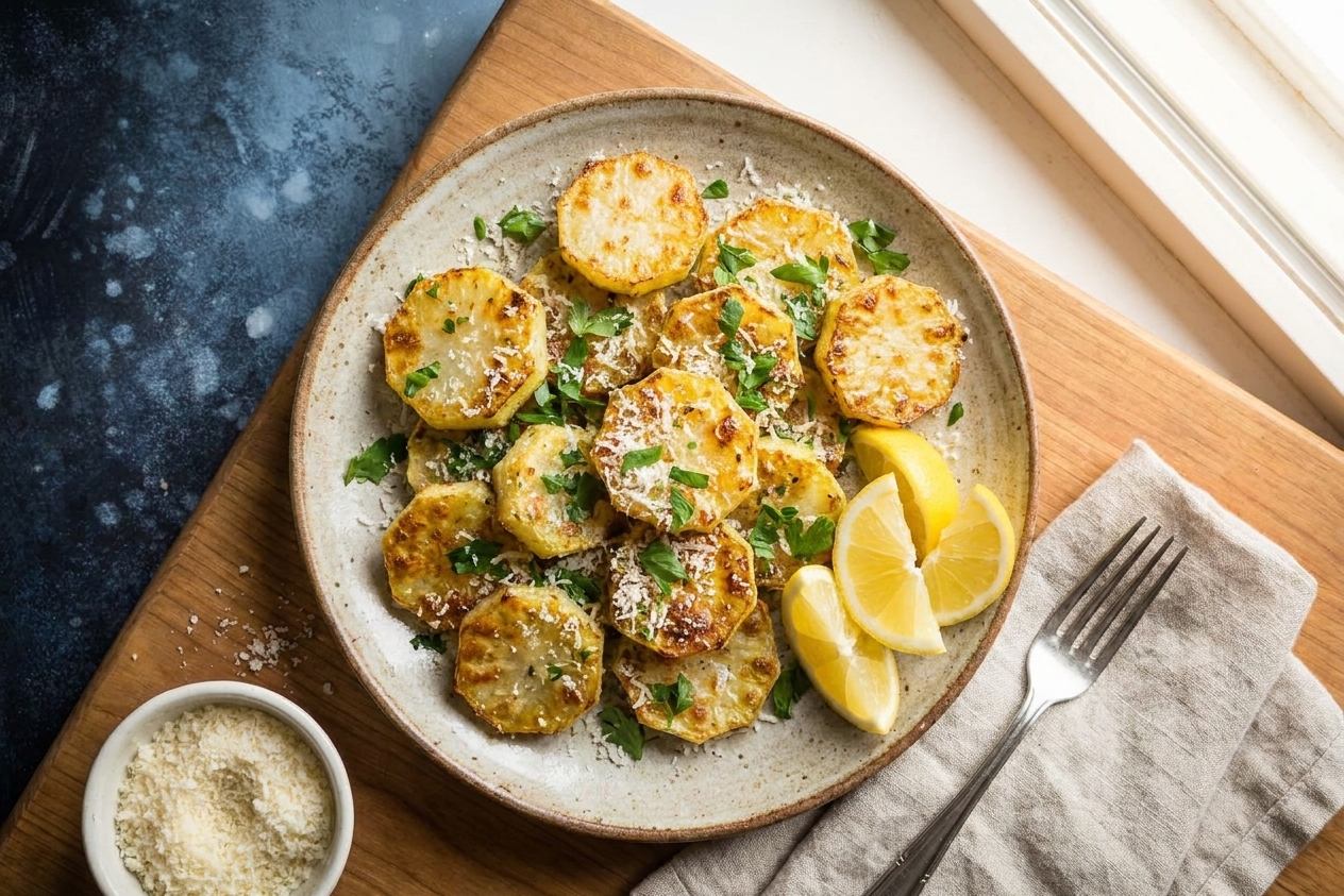 A serving plate of crispy kohlrabi coins finished with grated Parmesan and chopped parsley, with lemon wedges on the side on a simple dinner table