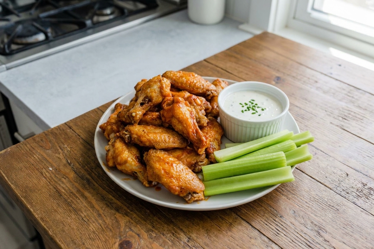 A serving plate of crispy oven chicken wings with celery sticks and a small bowl of ranch dressing on a dining table