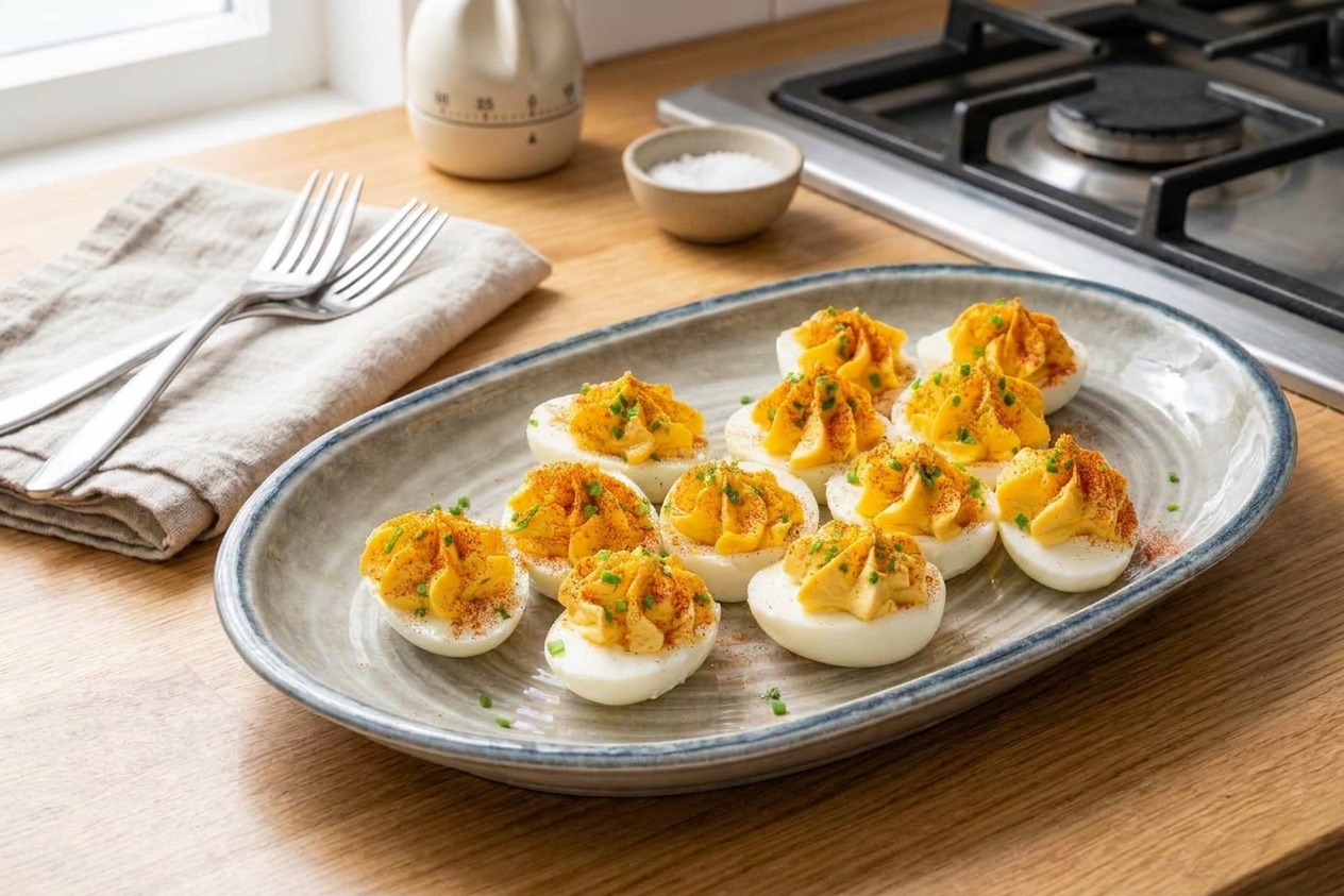 A serving plate of deviled eggs set on a table with napkins and forks