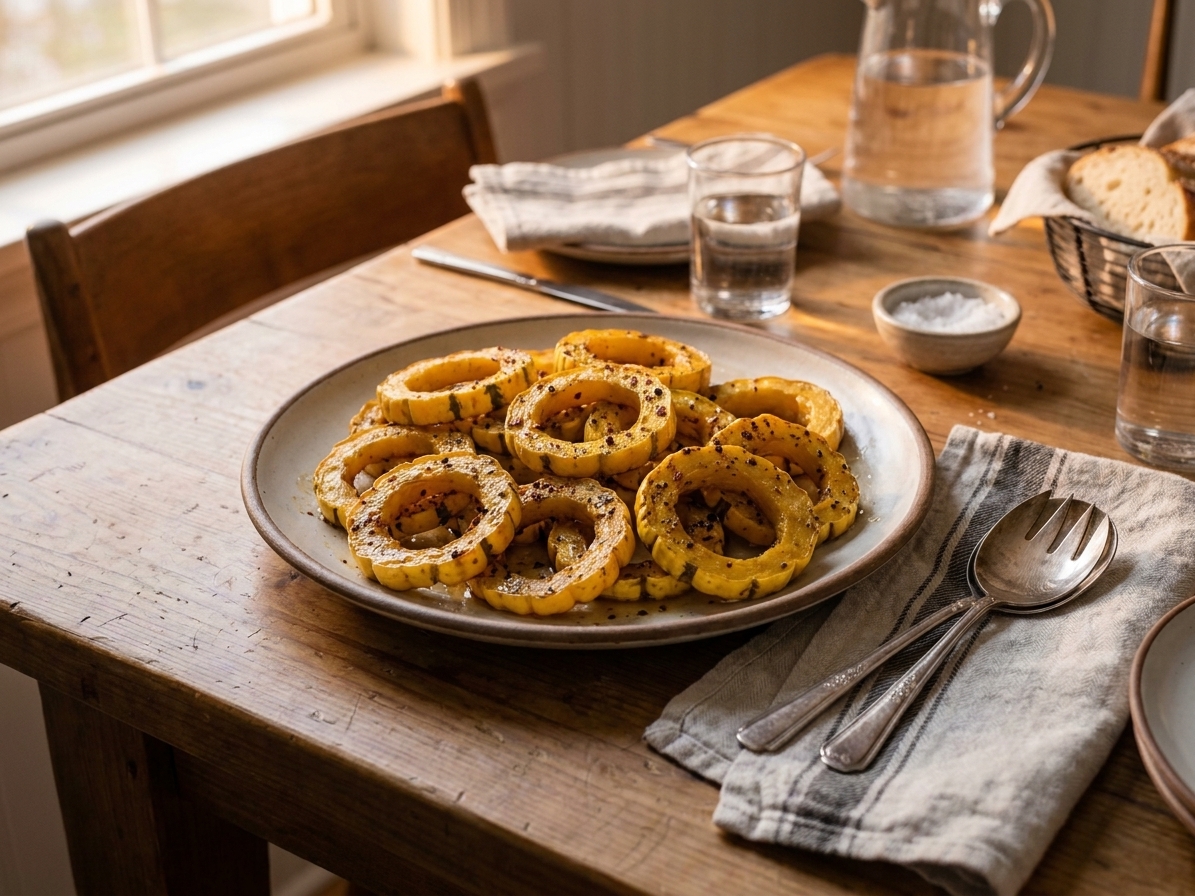A serving plate of peppercorn roasted squash on a family dinner table with simple napkins and warm evening lighting
