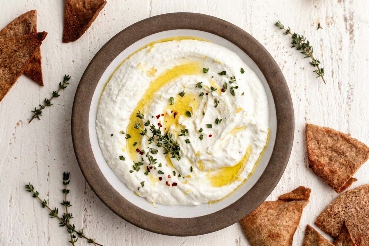 A serving plate of whipped feta with spoon swirls, olive oil drizzled on top, and herbs scattered over the surface on a dining table