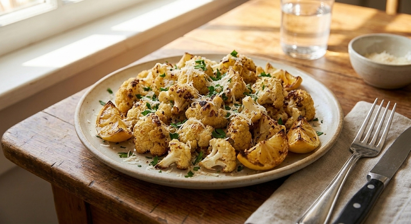 A serving plate piled with crispy baked cauliflower topped with Parmesan and parsley, with lemon wedges on the side on a simple dinner table setting
