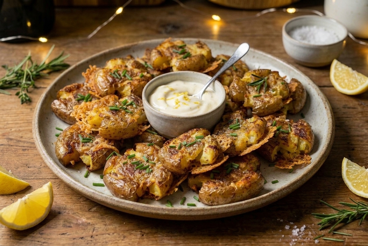 A serving plate piled with crispy parmesan smashed potatoes with a bowl of lemony aioli in the center, ready for party snacking