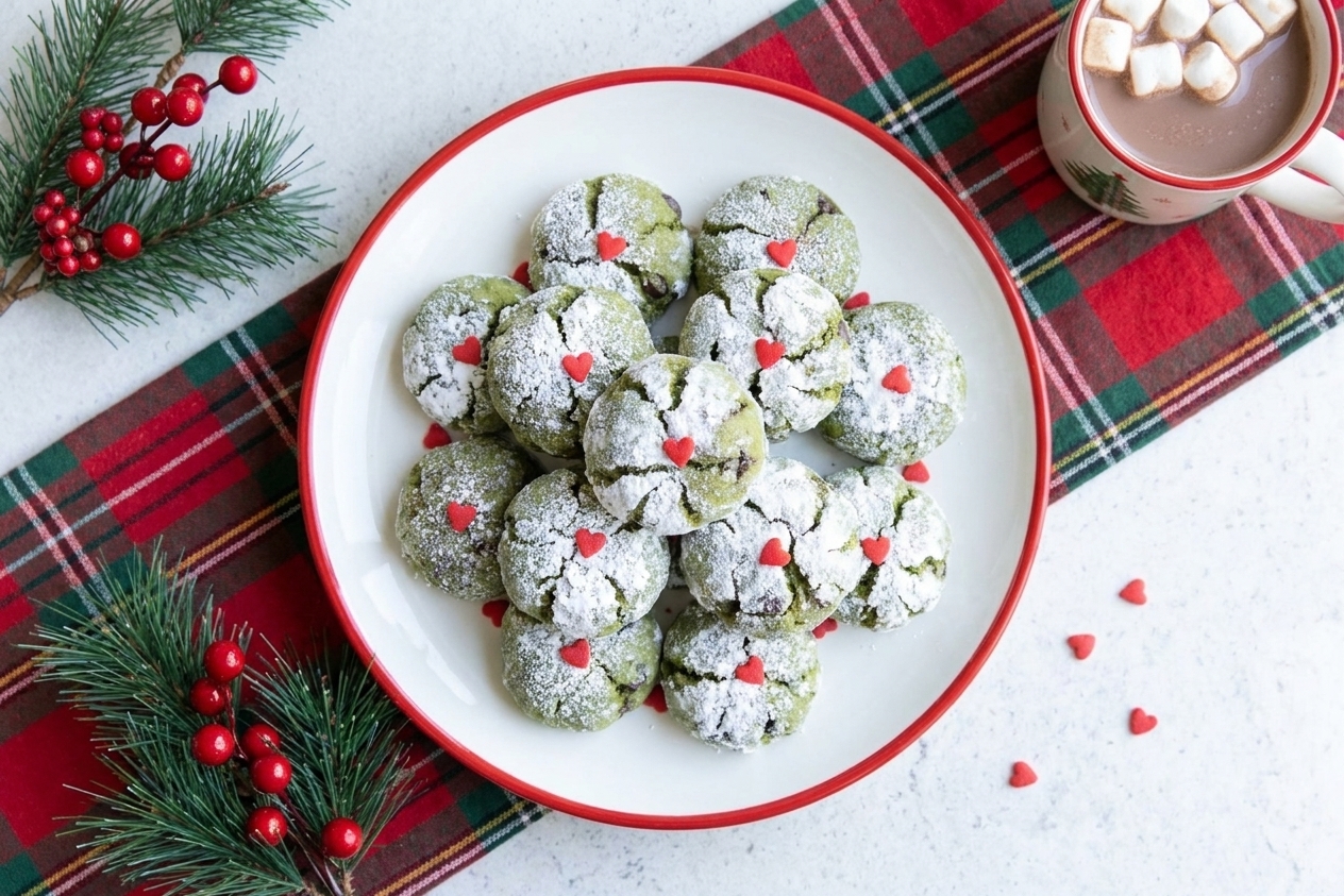 A serving plate piled with green Grinch cookies dusted with powdered sugar and topped with red heart sprinkles on a holiday table setting