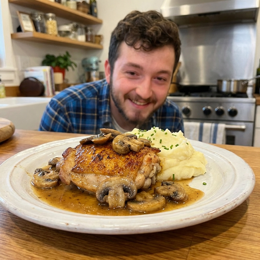 A serving plate with chicken thigh topped with mushrooms and pan sauce next to mashed potatoes