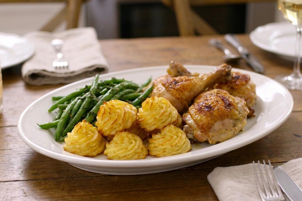 A serving plate with golden duchess potatoes beside roasted chicken and green beans on a warmly lit dinner table