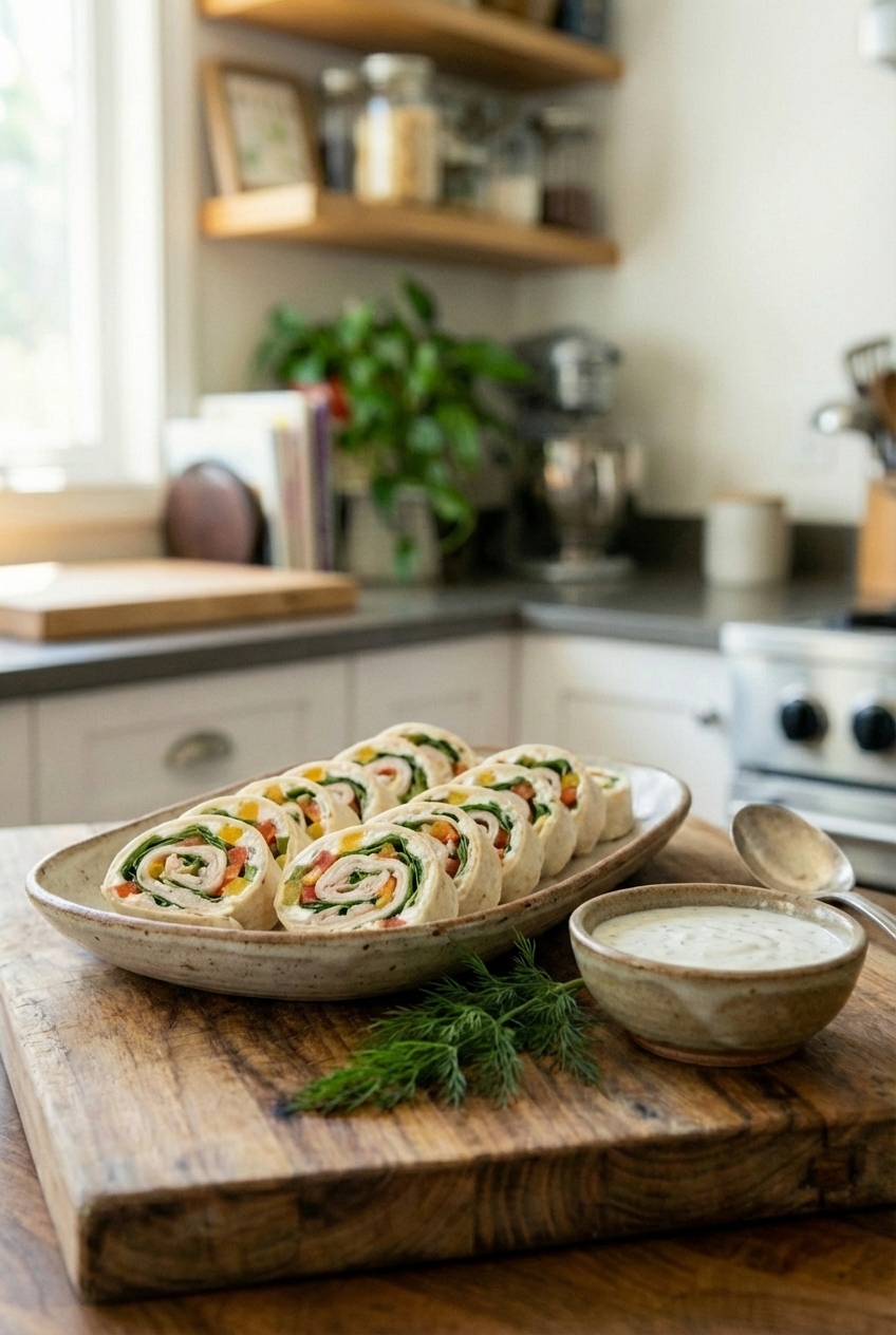 A serving platter arranged with pinwheel slices in neat rows, with a small bowl of dipping sauce and fresh dill nearby