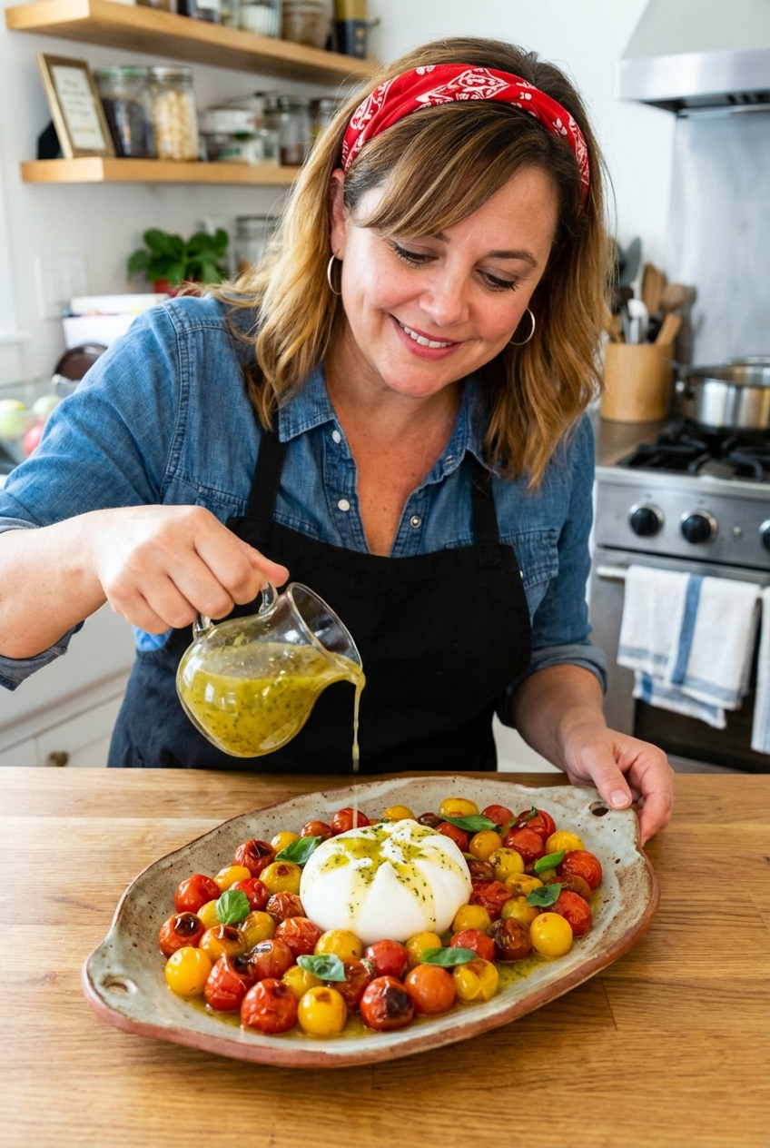A serving platter being finished with a drizzle of lemon herb dressing over burrata and warm blistered tomatoes