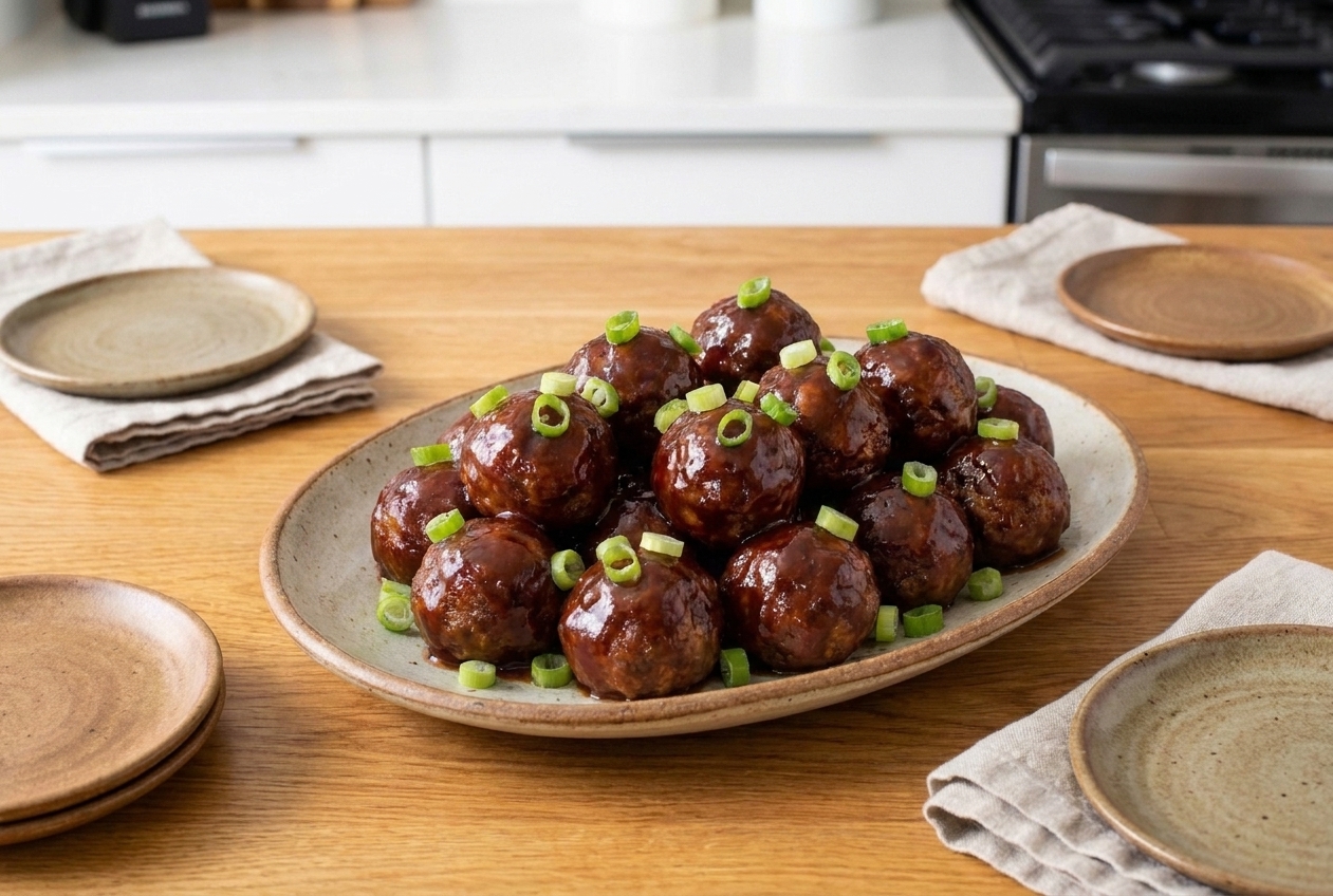 A serving platter of BBQ meatballs garnished with sliced green onions on a dinner table with small plates and napkins
