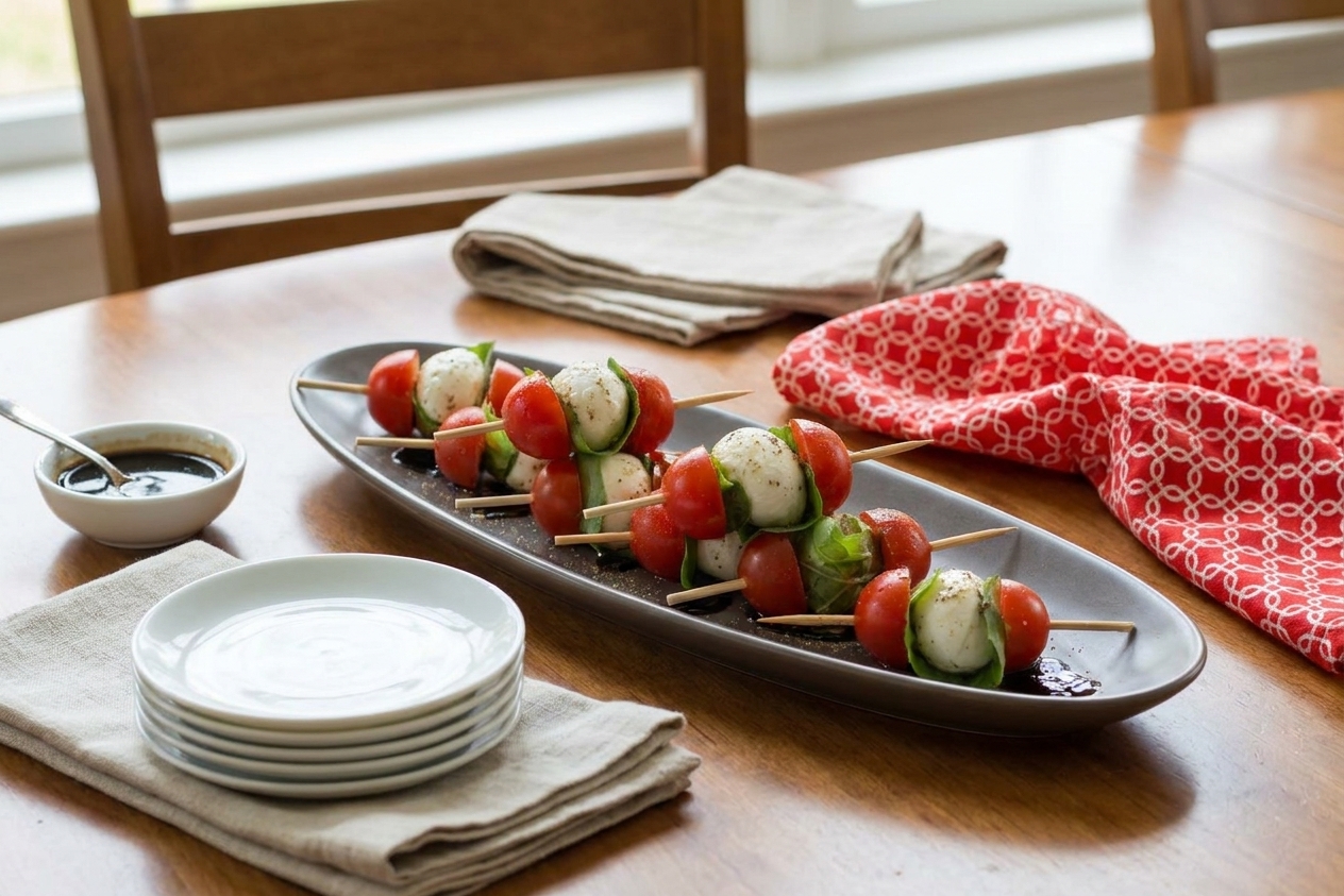 A serving platter of Caprese skewers on a simple dining table setting with small plates and napkins, ready for guests