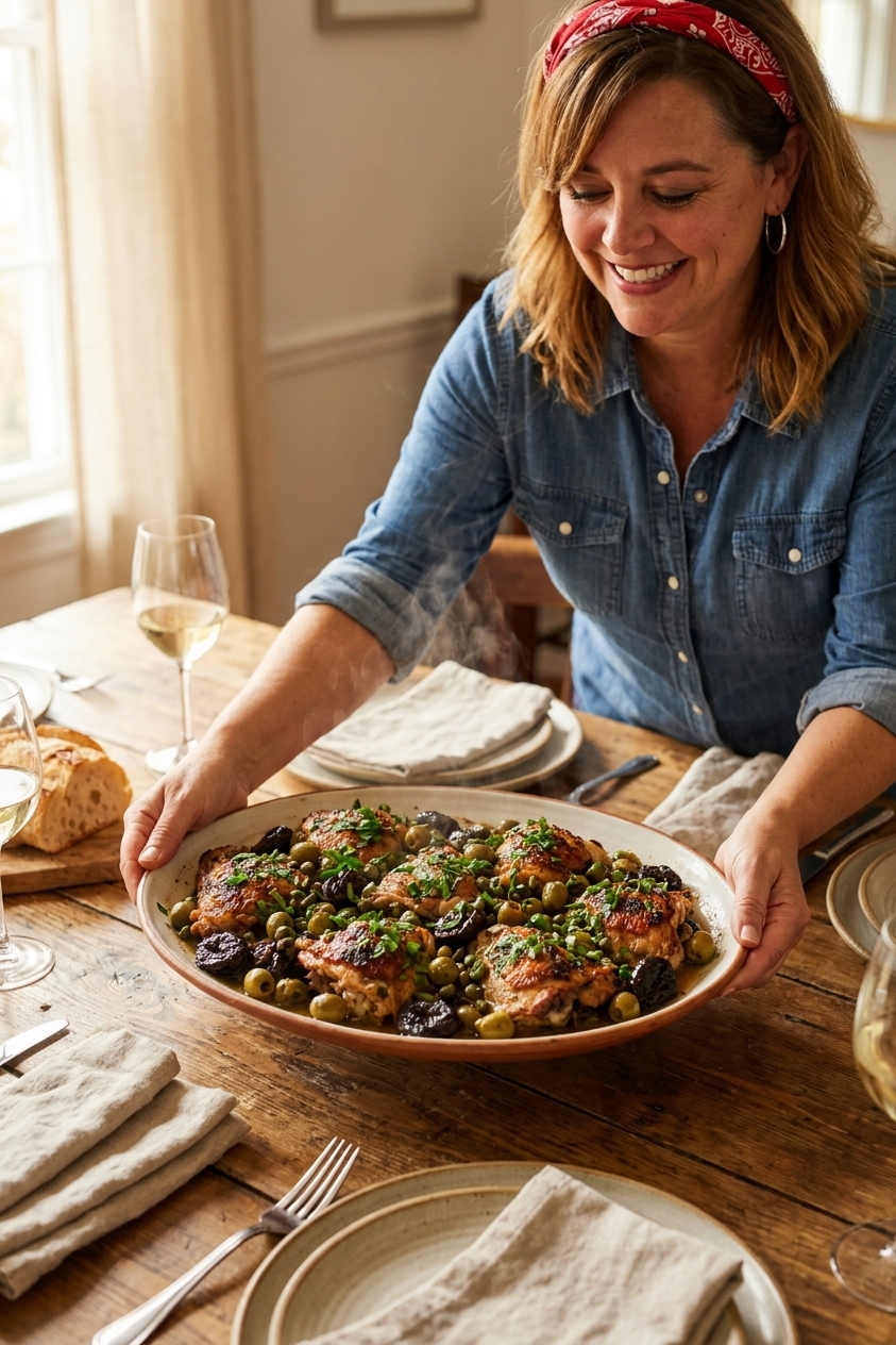 A serving platter of Chicken Marbella with roasted chicken, prunes, olives, and capers, garnished with parsley on a dining table set for guests