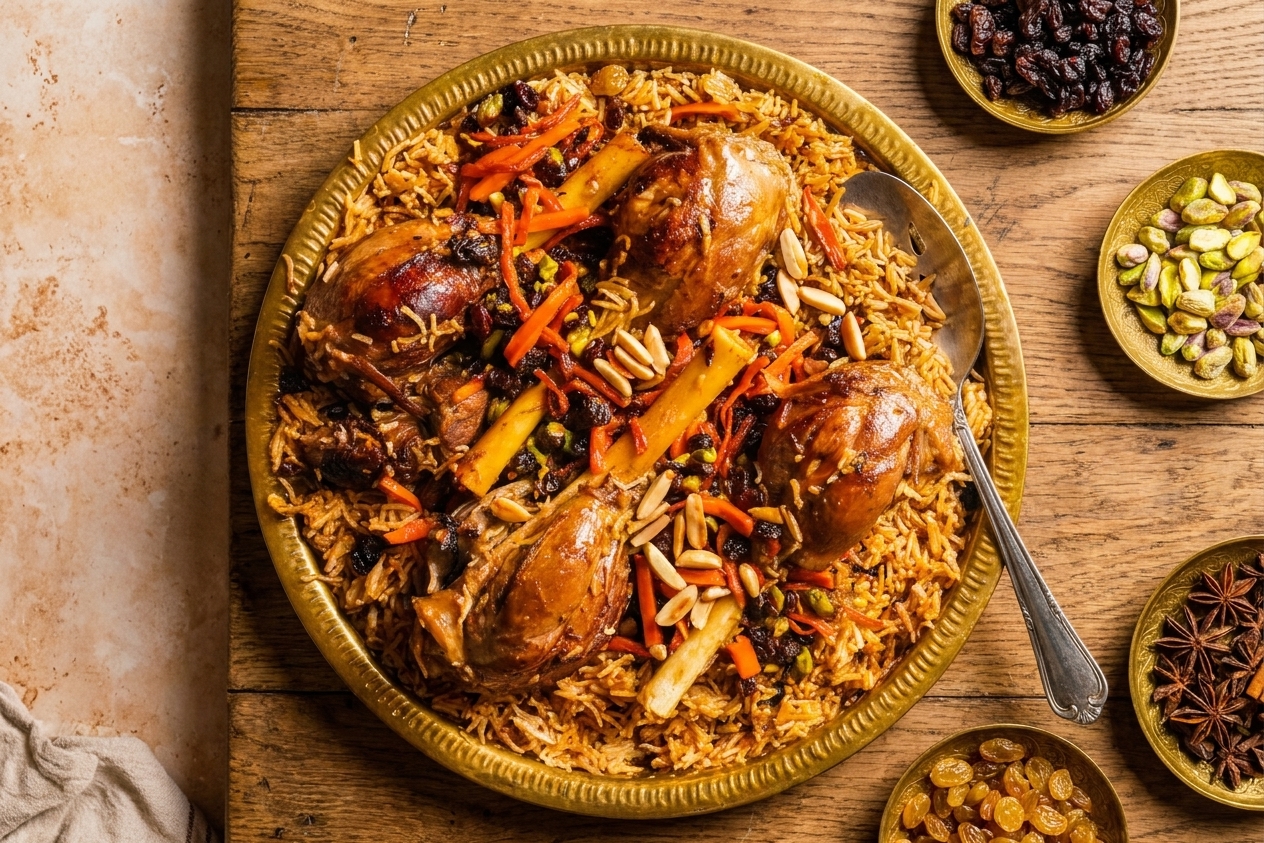 A serving platter of Kabuli pulao on a dinner table with a spoon, showing fluffy rice topped with carrots, raisins, and almonds