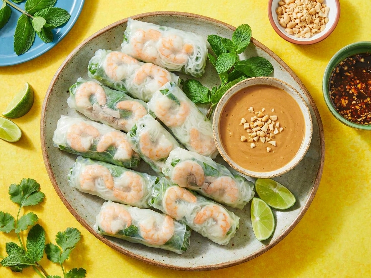 A serving platter of Vietnamese spring rolls arranged in rows with a bowl of peanut dipping sauce and lime wedges on the side