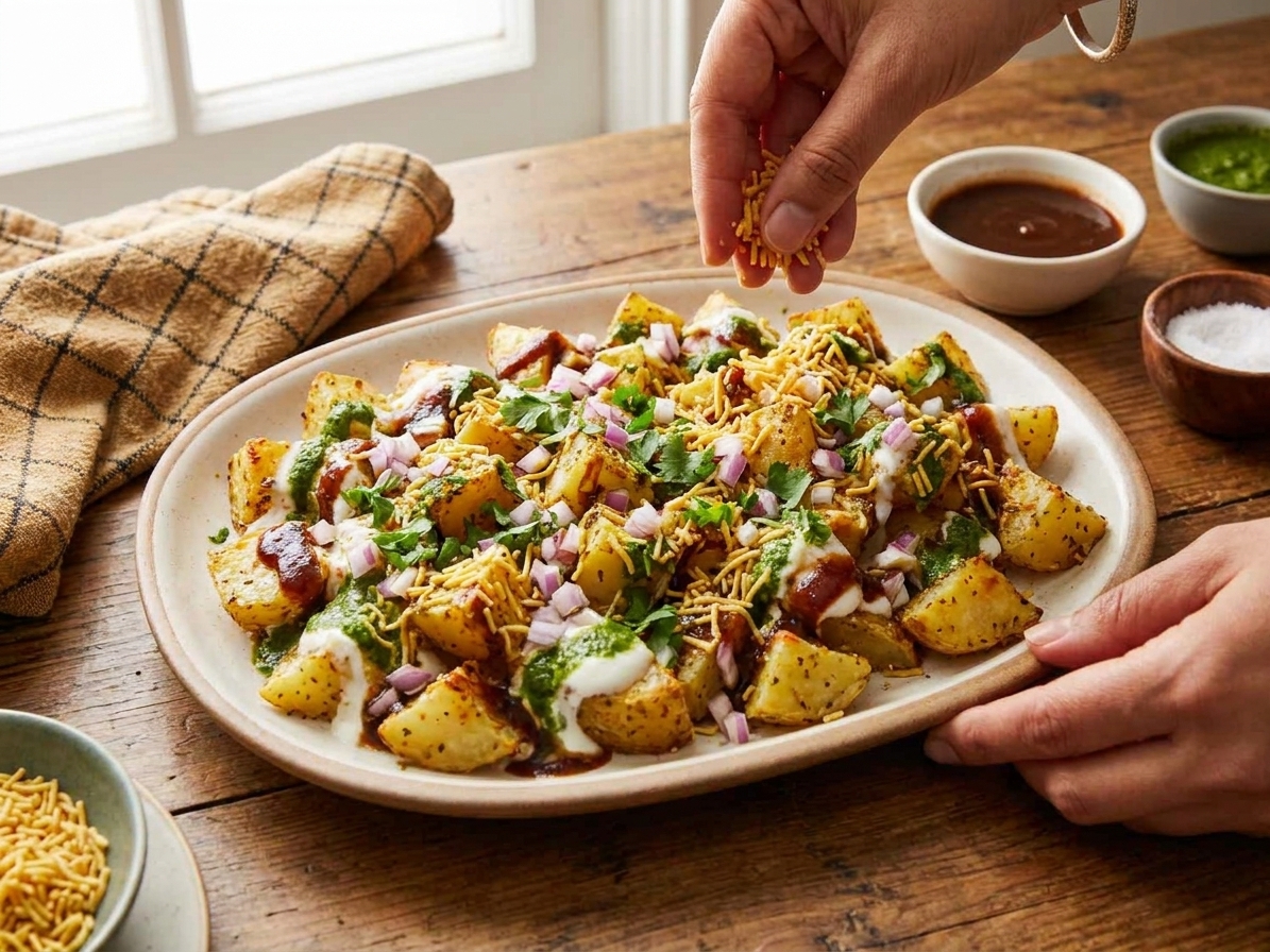 A serving platter of aloo chaat topped with yogurt, tamarind chutney, mint chutney, diced red onion, cilantro, and sev on a dining table