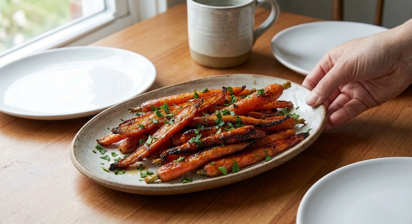A serving platter of baked carrots finished with chopped parsley, set on a dinner table with simple plates in the background