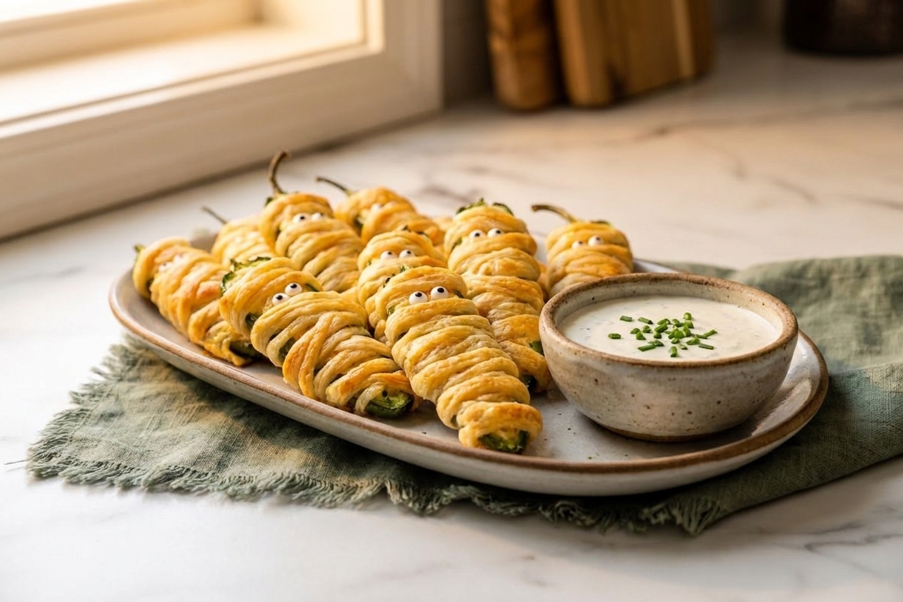 A serving platter of baked mummy jalapeño poppers beside a small bowl of creamy dipping sauce on a set table with warm, cozy lighting