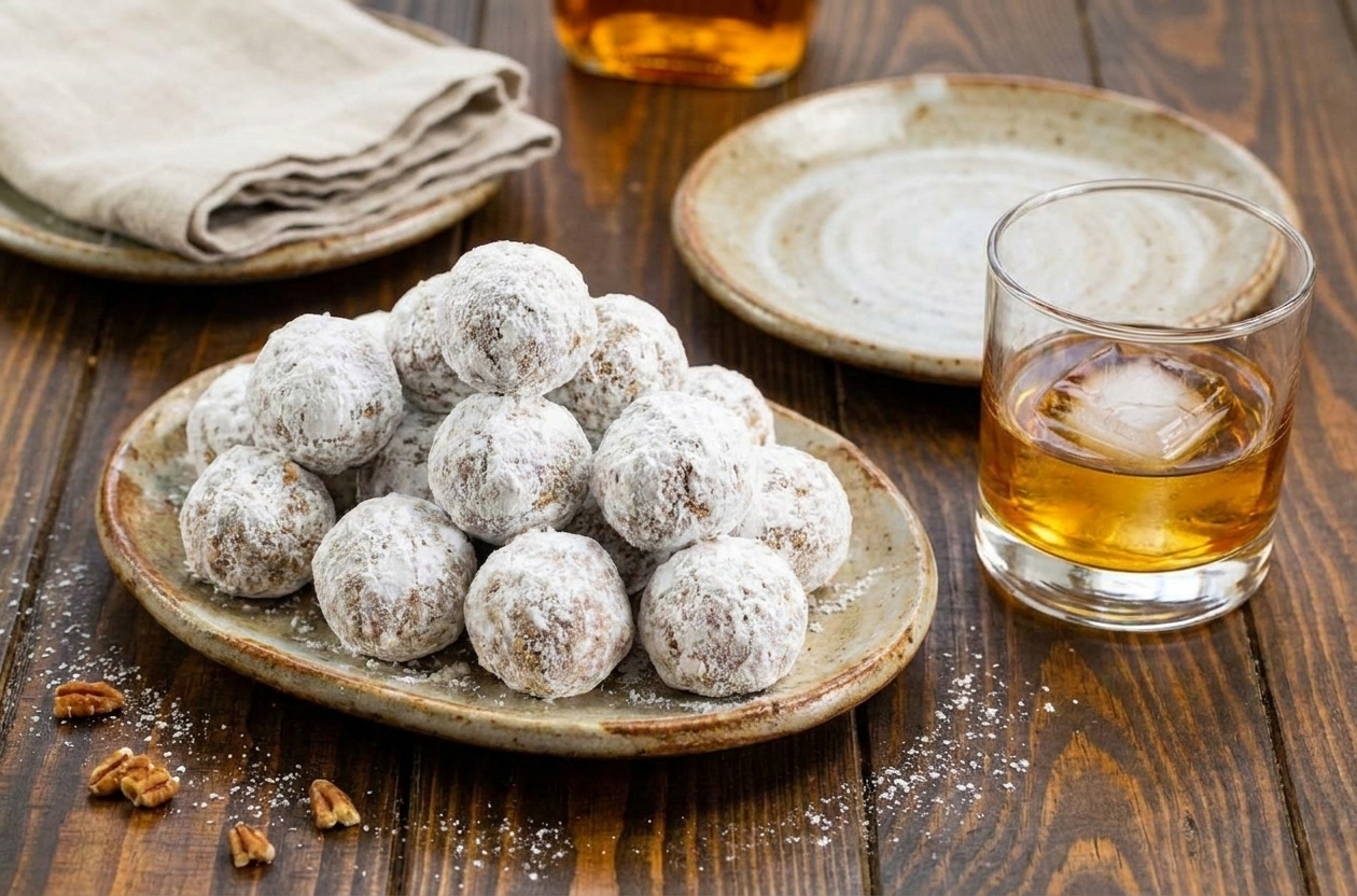 A serving platter of bourbon balls dusted with powdered sugar on a table set with a small plate, napkin, and a glass of bourbon