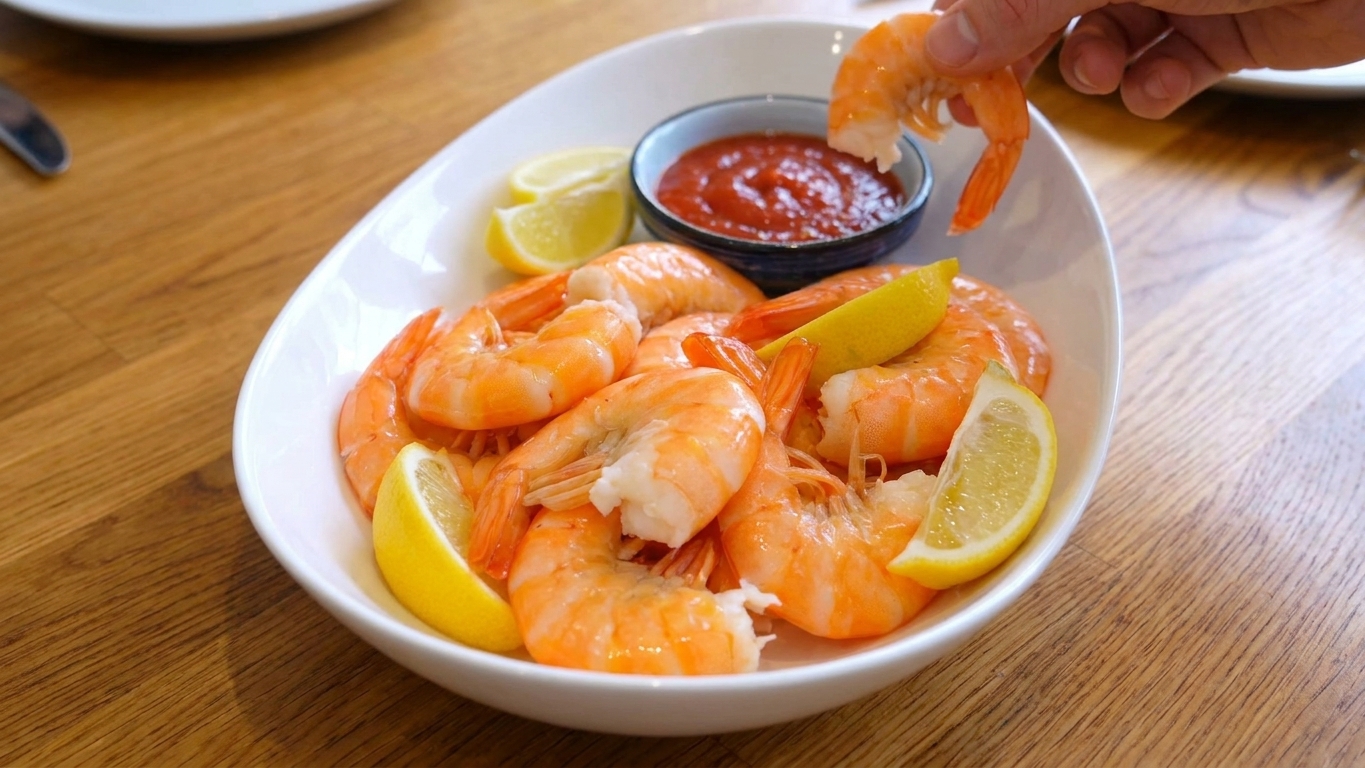 A serving platter of chilled boiled shrimp with lemon wedges and a small bowl of red cocktail sauce on a dining table