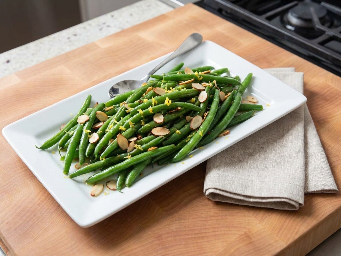 A serving platter of crisp-tender French green beans tossed with garlic butter, lemon zest, and toasted sliced almonds on a wooden table with simple linen napkins