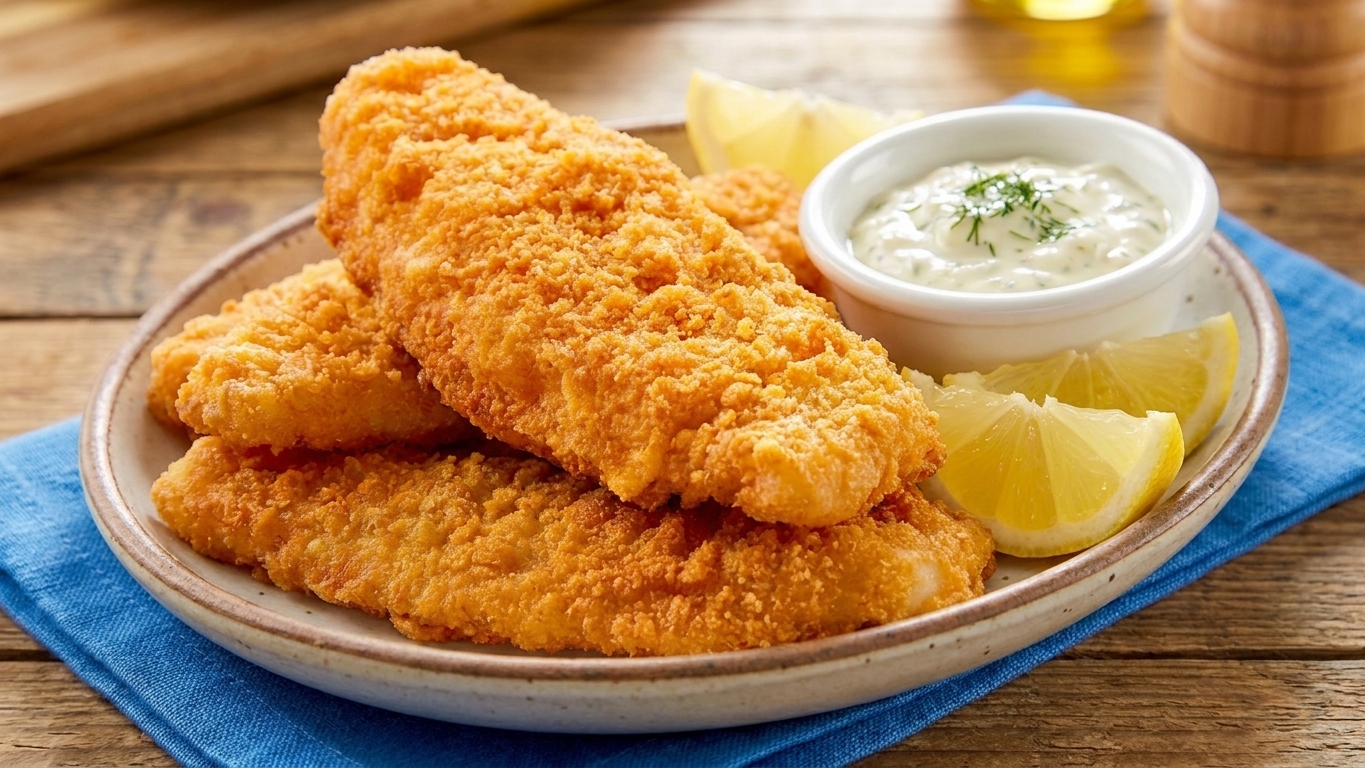 A serving platter of crispy beer battered fish with lemon wedges and a small bowl of tartar sauce on a wooden table
