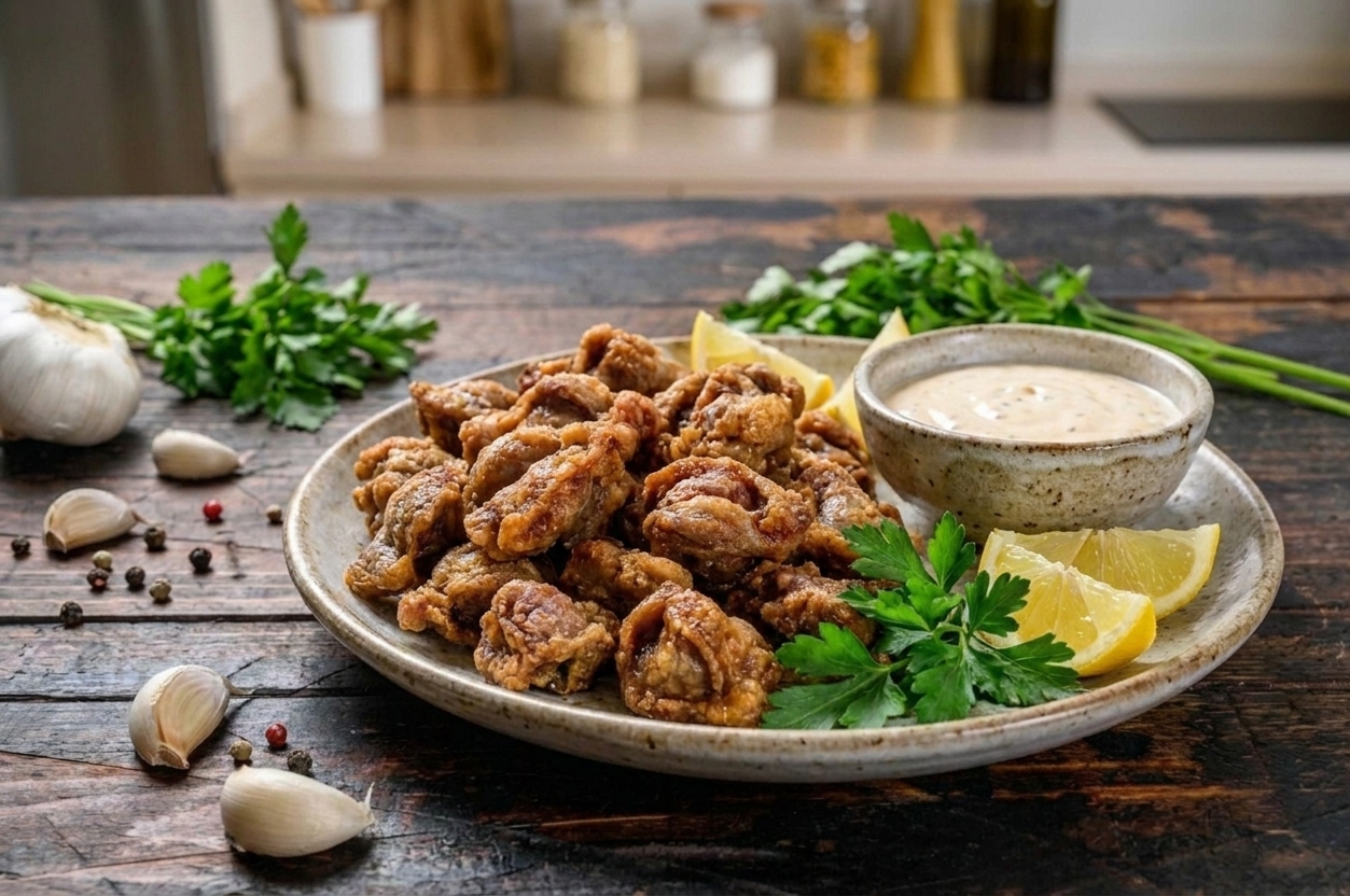 A serving platter of crispy fried chicken gizzards with lemon wedges and a small bowl of dipping sauce on a dinner table