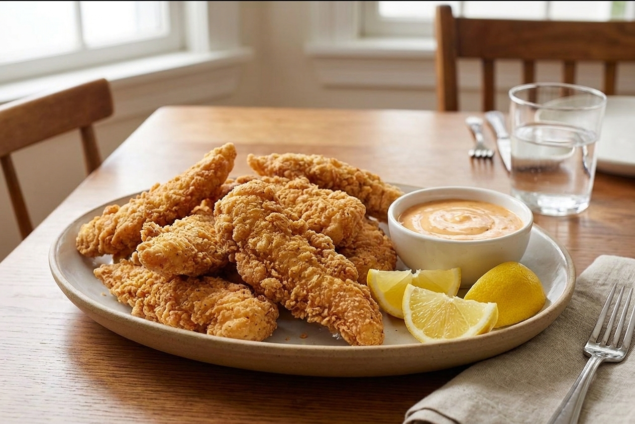 A serving platter of crispy fried chicken tenders with a small bowl of dipping sauce and lemon wedges on a dining table
