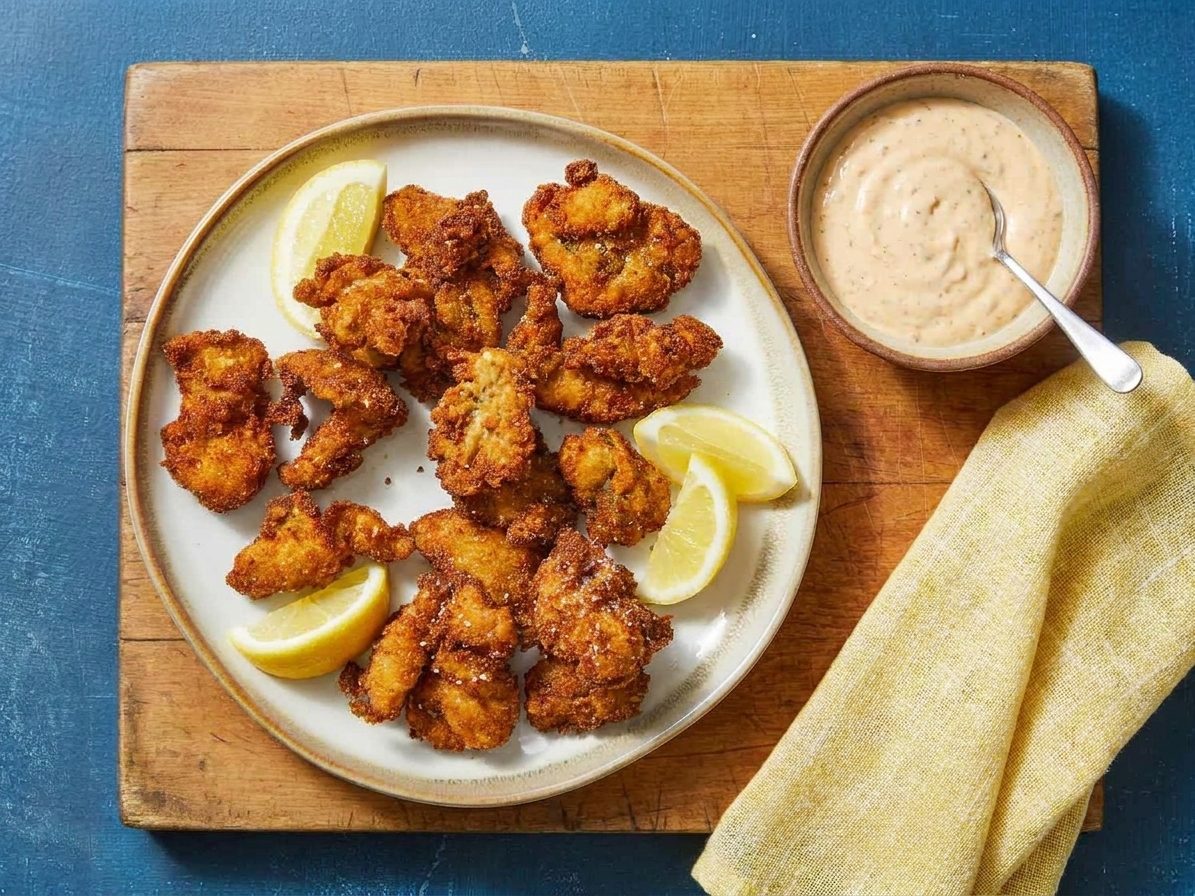 A serving platter of crispy fried oysters with lemon wedges and a bowl of dipping sauce on a simple table setting