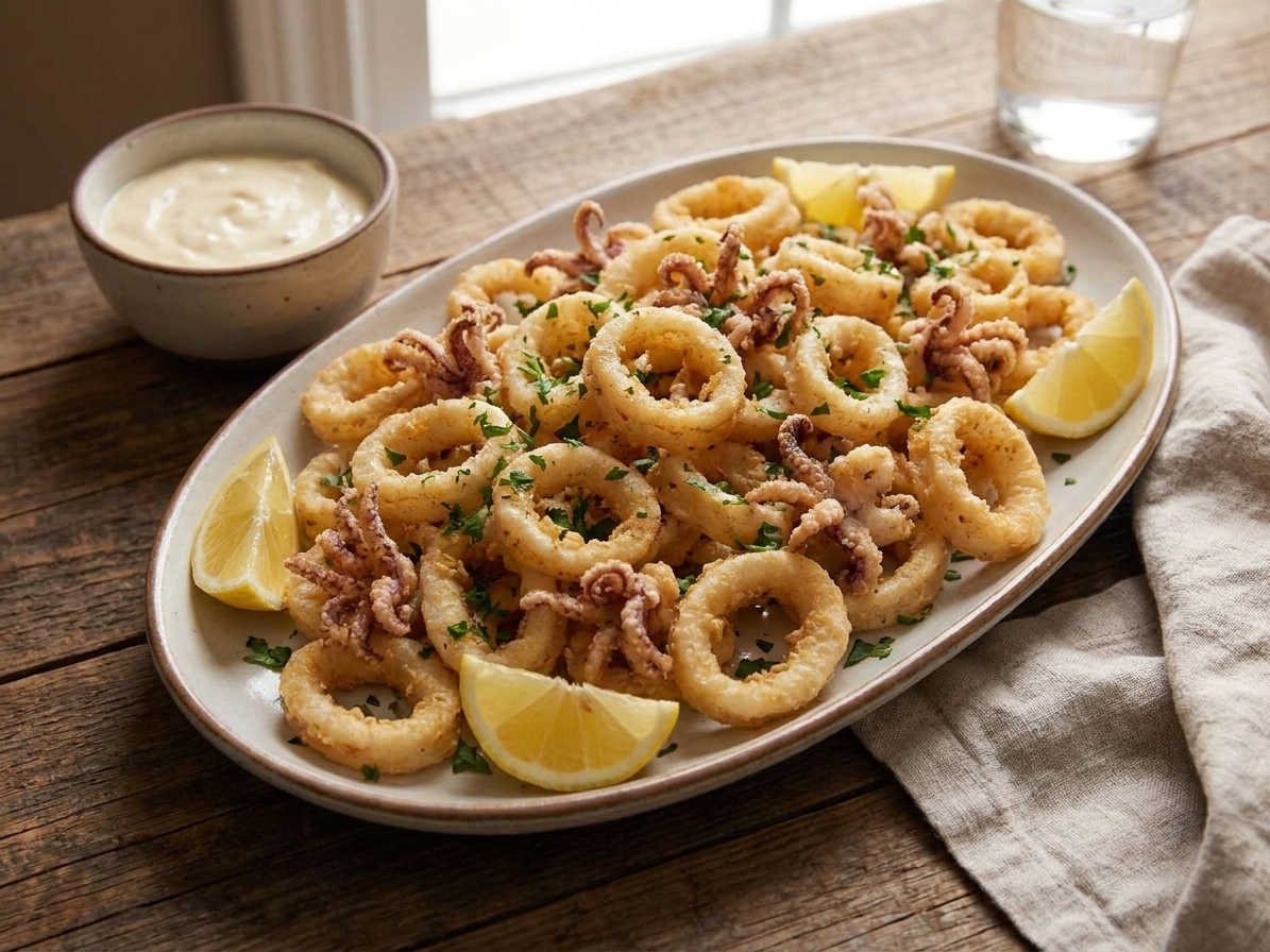 A serving platter of crispy golden calamari garnished with chopped parsley and lemon wedges, with a small bowl of aioli nearby on a simple dining table