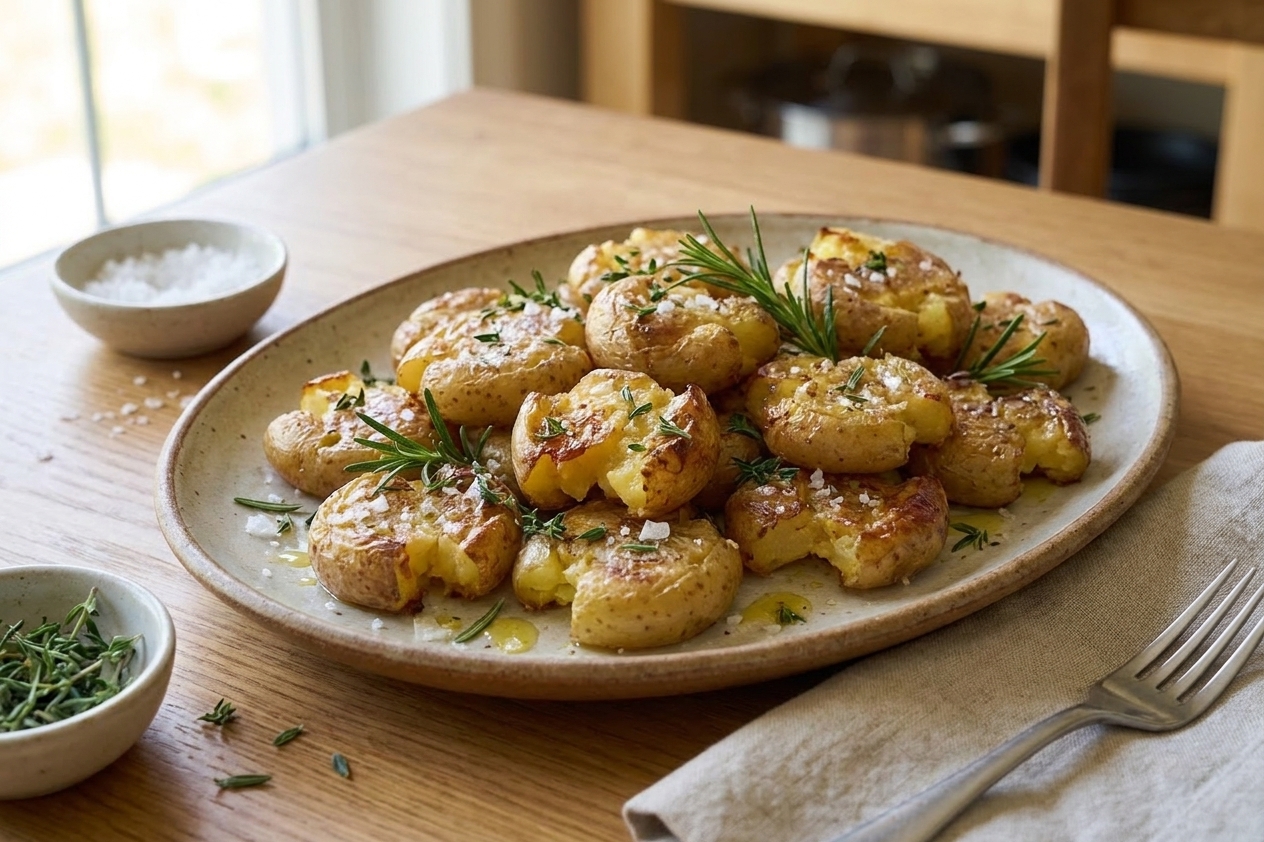 A serving platter of crispy smashed small potatoes topped with fresh herbs and flaky salt on a simple dinner table setting