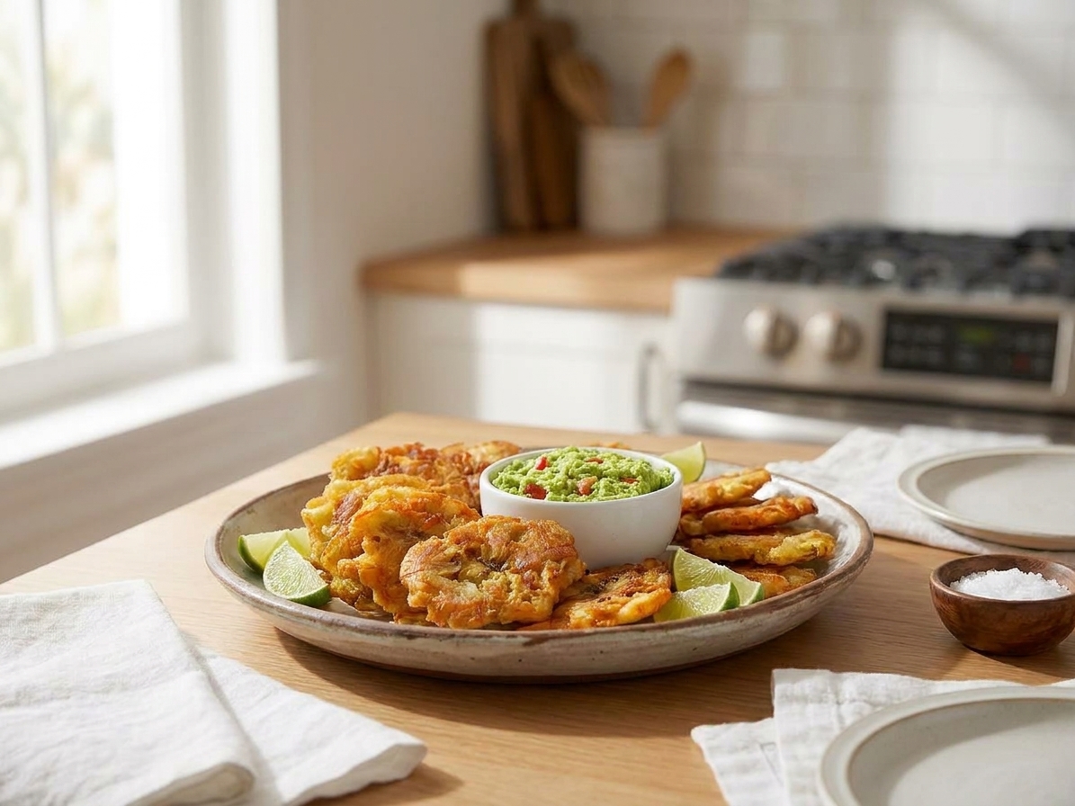 A serving platter of crispy tostones with lime wedges and a small bowl of sauce on a family-style table setting