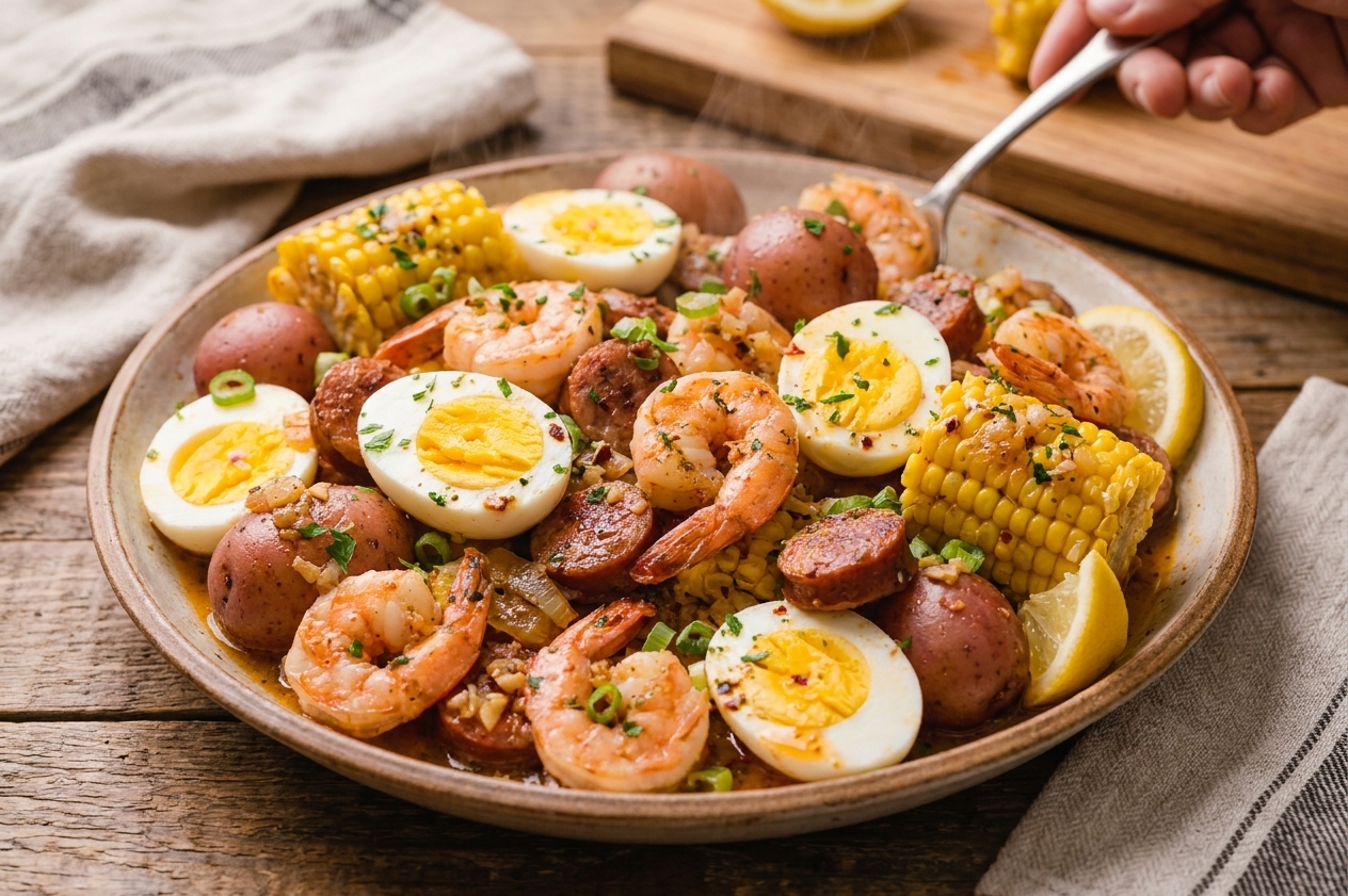 A serving platter of egg boil with halved eggs, shrimp, sausage, corn, and potatoes glistening with buttery Cajun-style sauce on a rustic table setting