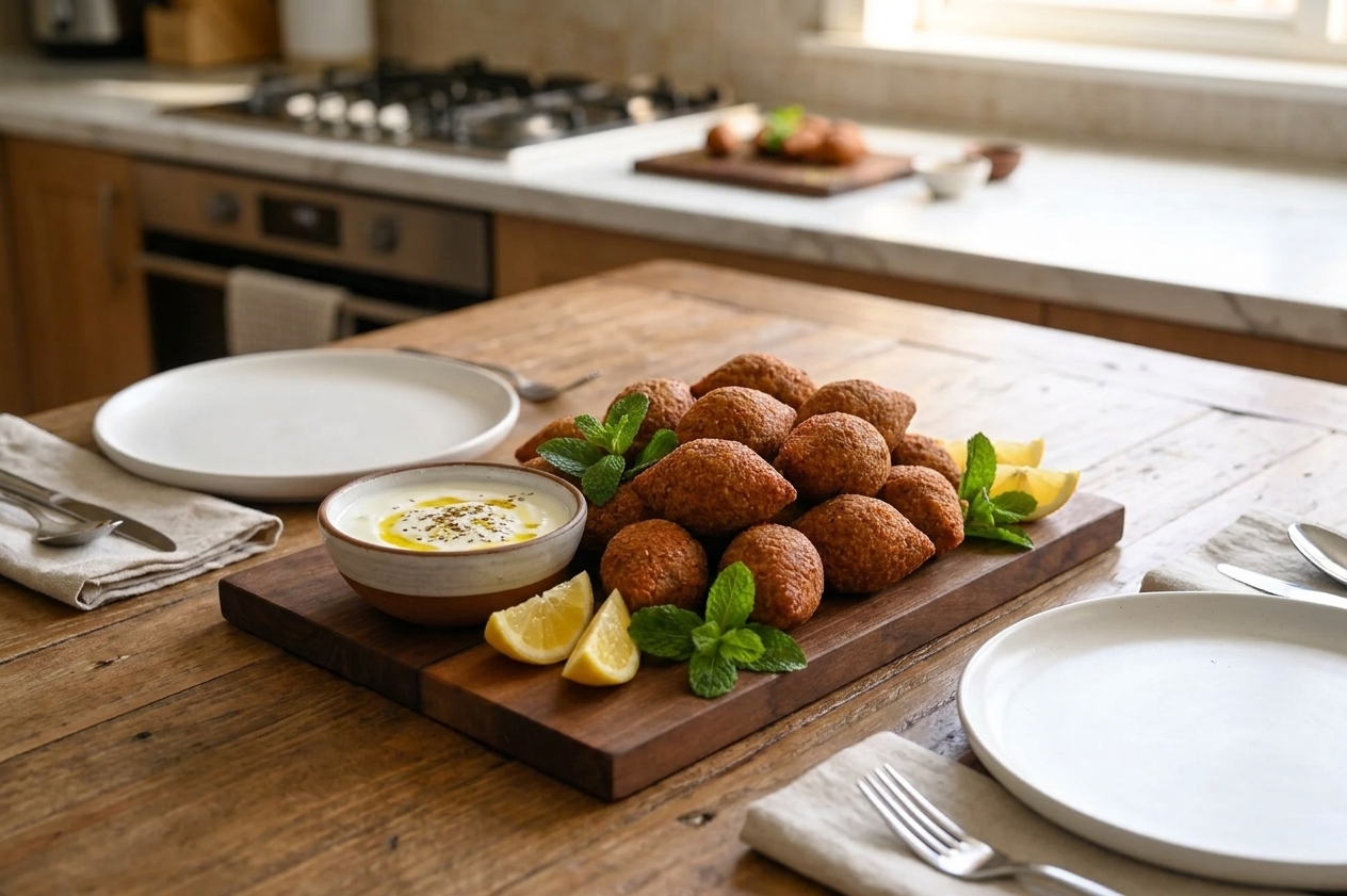 A serving platter of fried kibbeh with lemon wedges and a small bowl of yogurt sauce on a dinner table with simple place settings