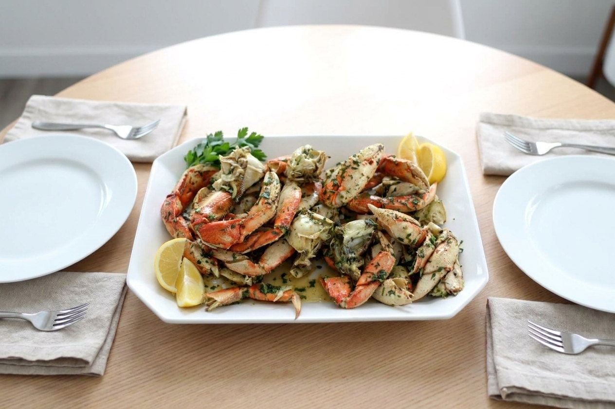 A serving platter of garlic butter Dungeness crab garnished with lemon wedges and parsley on a dinner table with simple plates and napkins