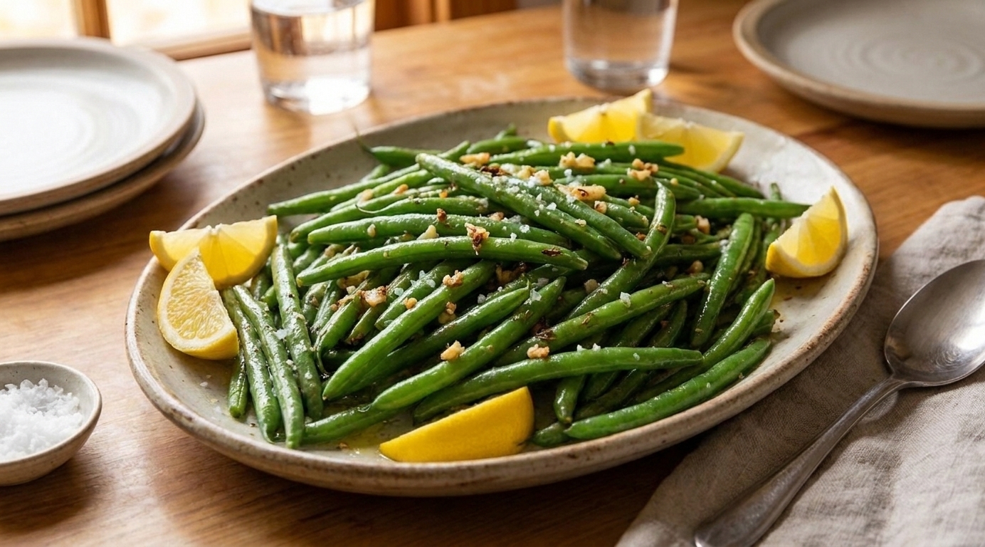 A serving platter of garlic butter string beans topped with flaky salt and lemon wedges on a simple dinner table setting