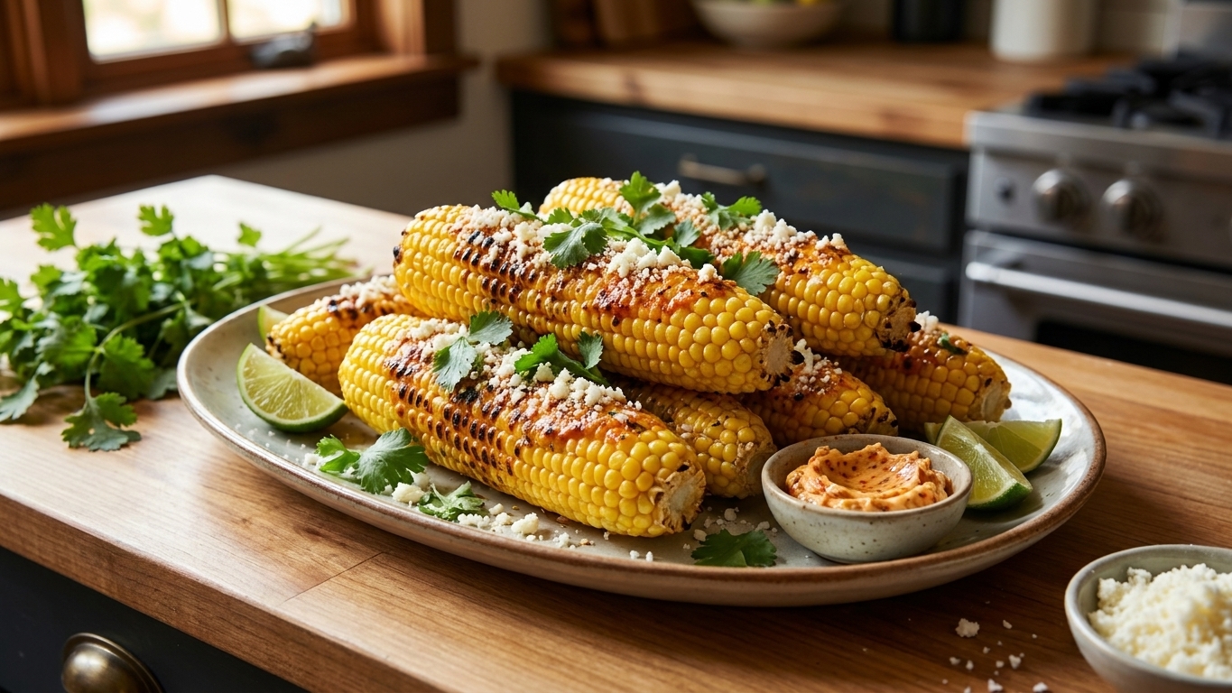 A serving platter of grilled corn brushed with chili lime butter and topped with cotija and cilantro, ready to serve
