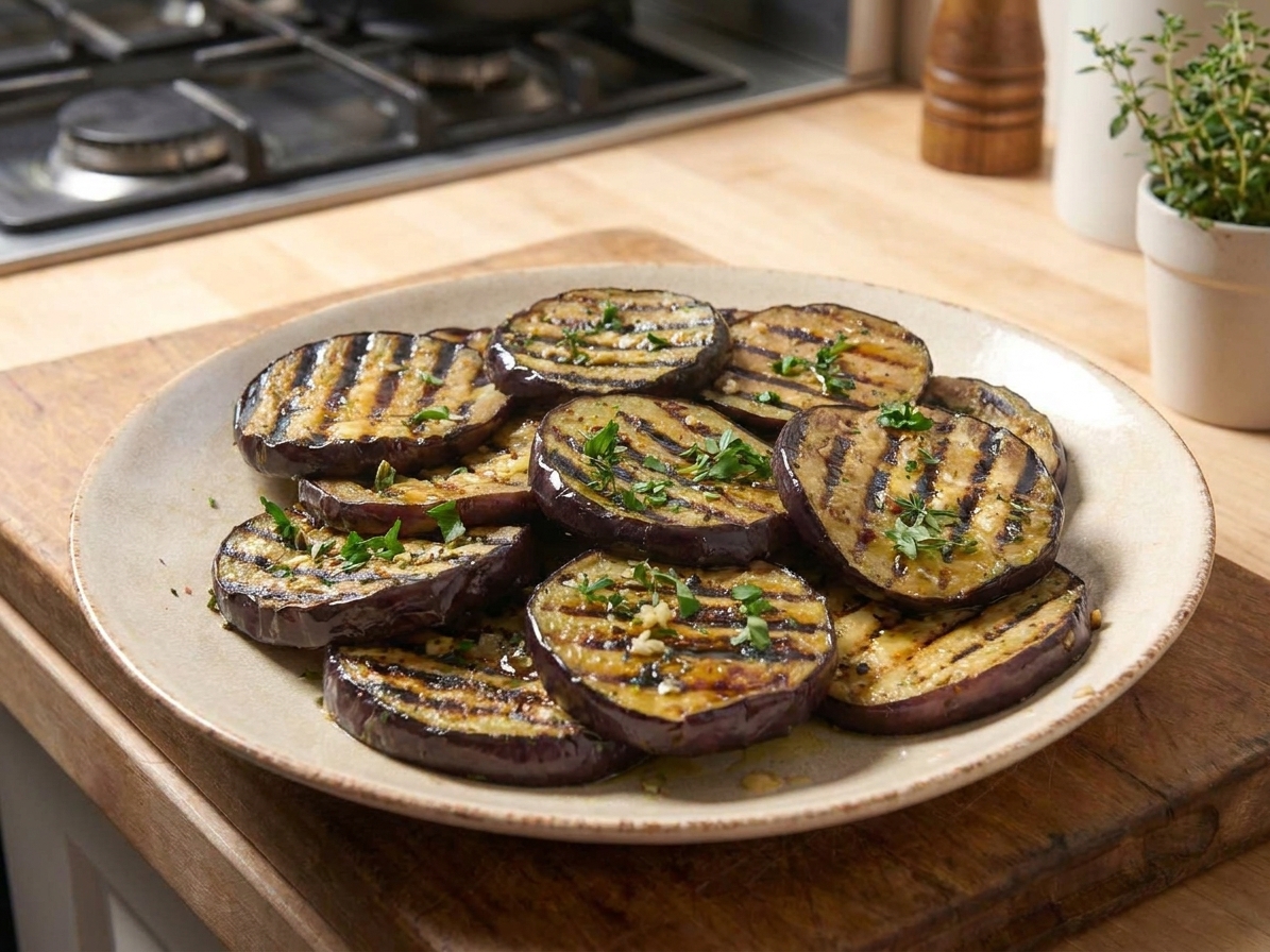 A serving platter of grilled eggplant slices topped with chopped herbs and a glossy lemon garlic drizzle on a dining table