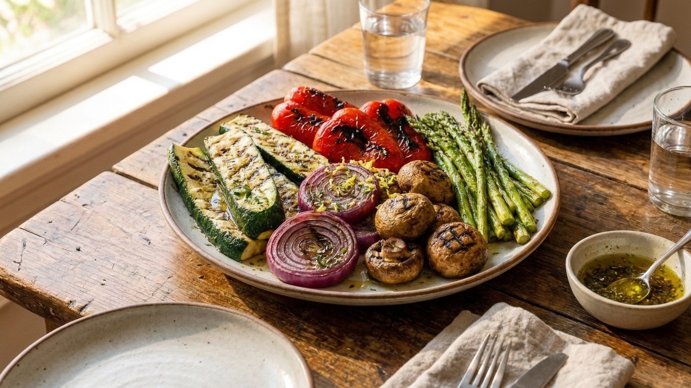A serving platter of grilled vegetables drizzled with herbs and lemon on a dining table set with plates and linen napkins in warm evening light